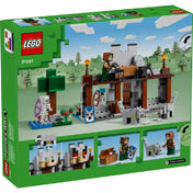 A LEGO Minecraft A farkas erődítmény (21261) készlet dobozának hátoldala, amely a játékkészlet belső részleteit és interaktív funkcióit mutatja be külön képkockákban.