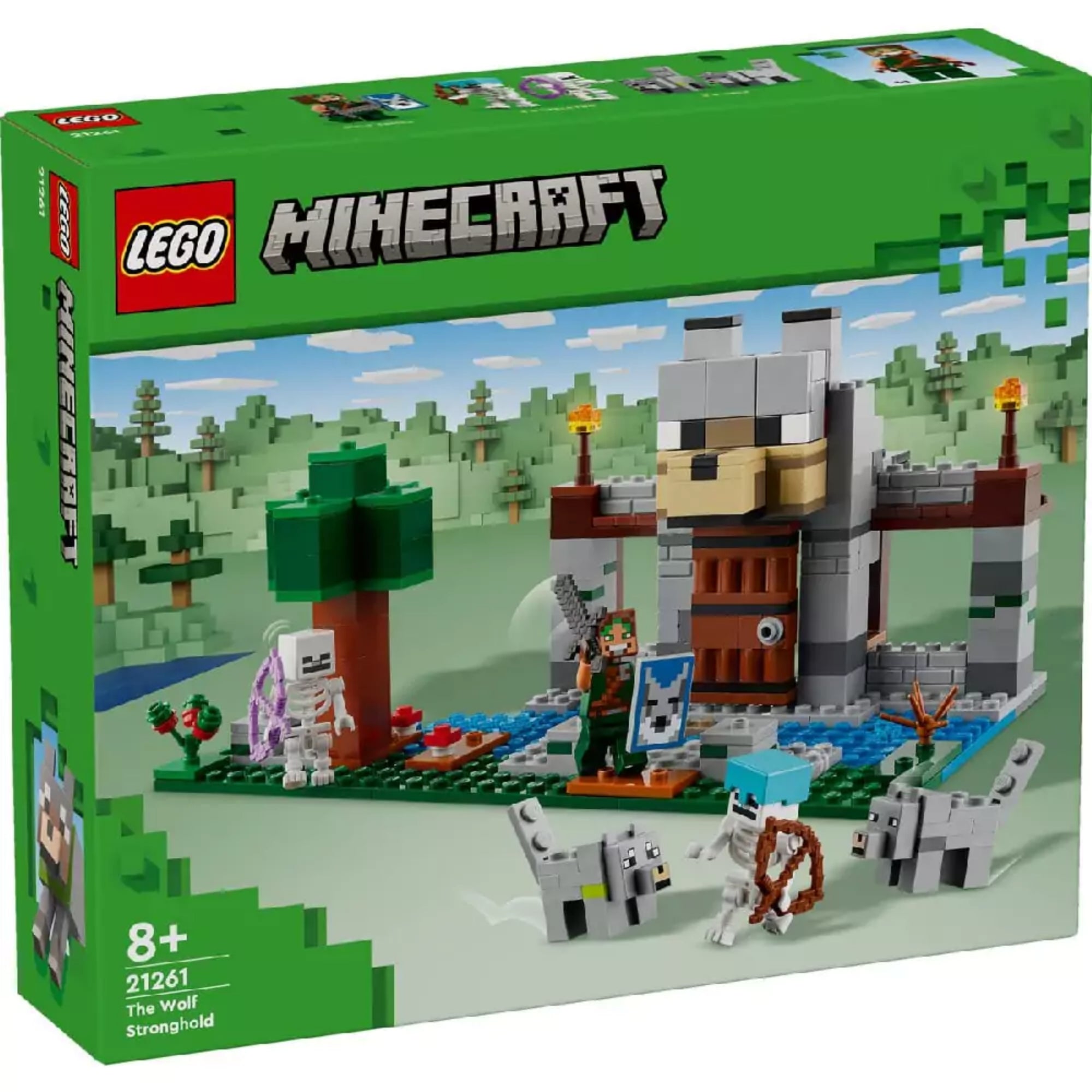 A LEGO Minecraft A farkas erődítmény (21261) készlet zöld doboza, amelyen a teljes játékkészlet grafikája, a karakterek és a farkasos kapu is szerepel, 8+ korosztályi ajánlással.