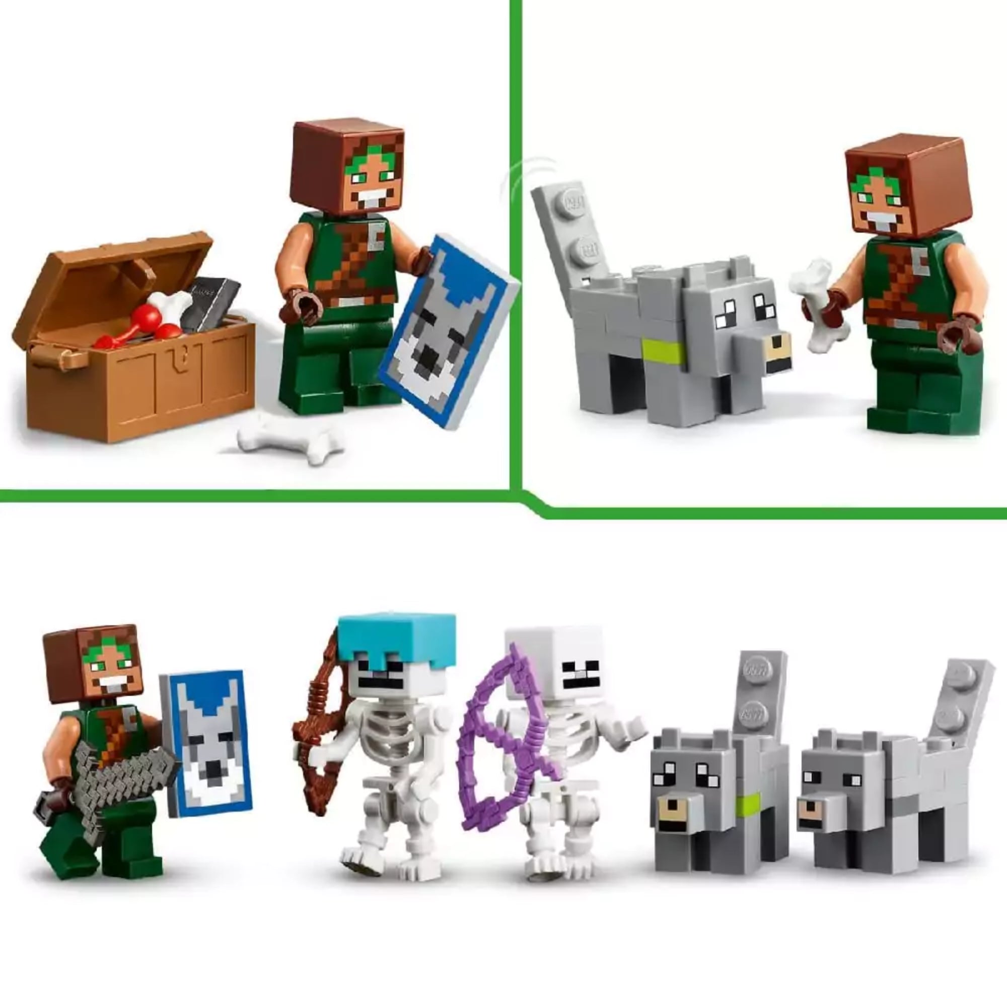 A LEGO Minecraft A farkas erődítmény (21261) karakterei közelről: páncélos harcos farkasos pajzzsal, két csontváz lila és barna íjjal, valamint két különböző arckifejezésű szürke farkasfigura.