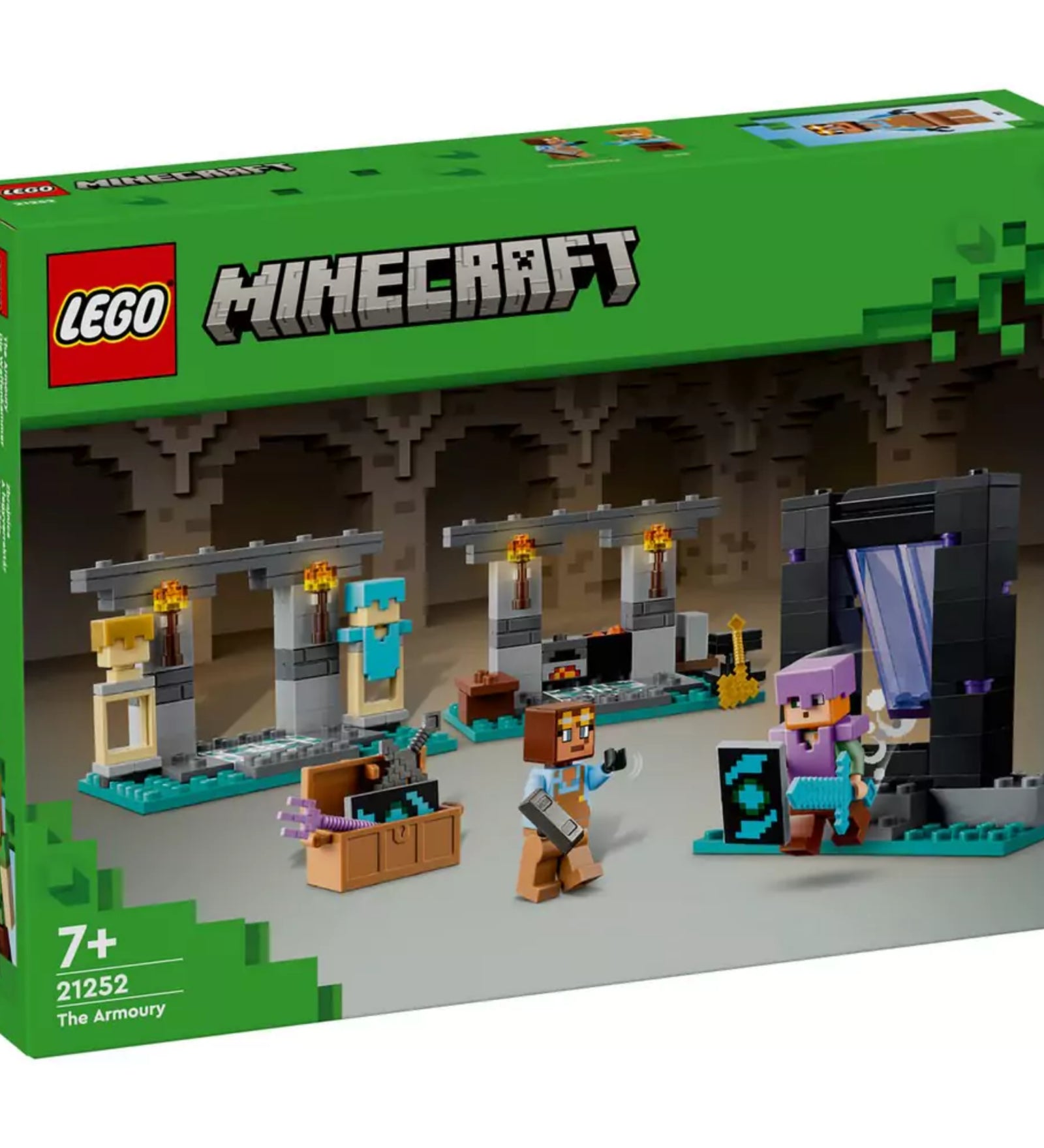 A LEGO Minecraft A fegyverraktár (21252) szett doboza elölnézetből, a dobozon Steve és Alex figurái, a portál és a fegyverekkel, páncélokkal berendezett jelenet látható.