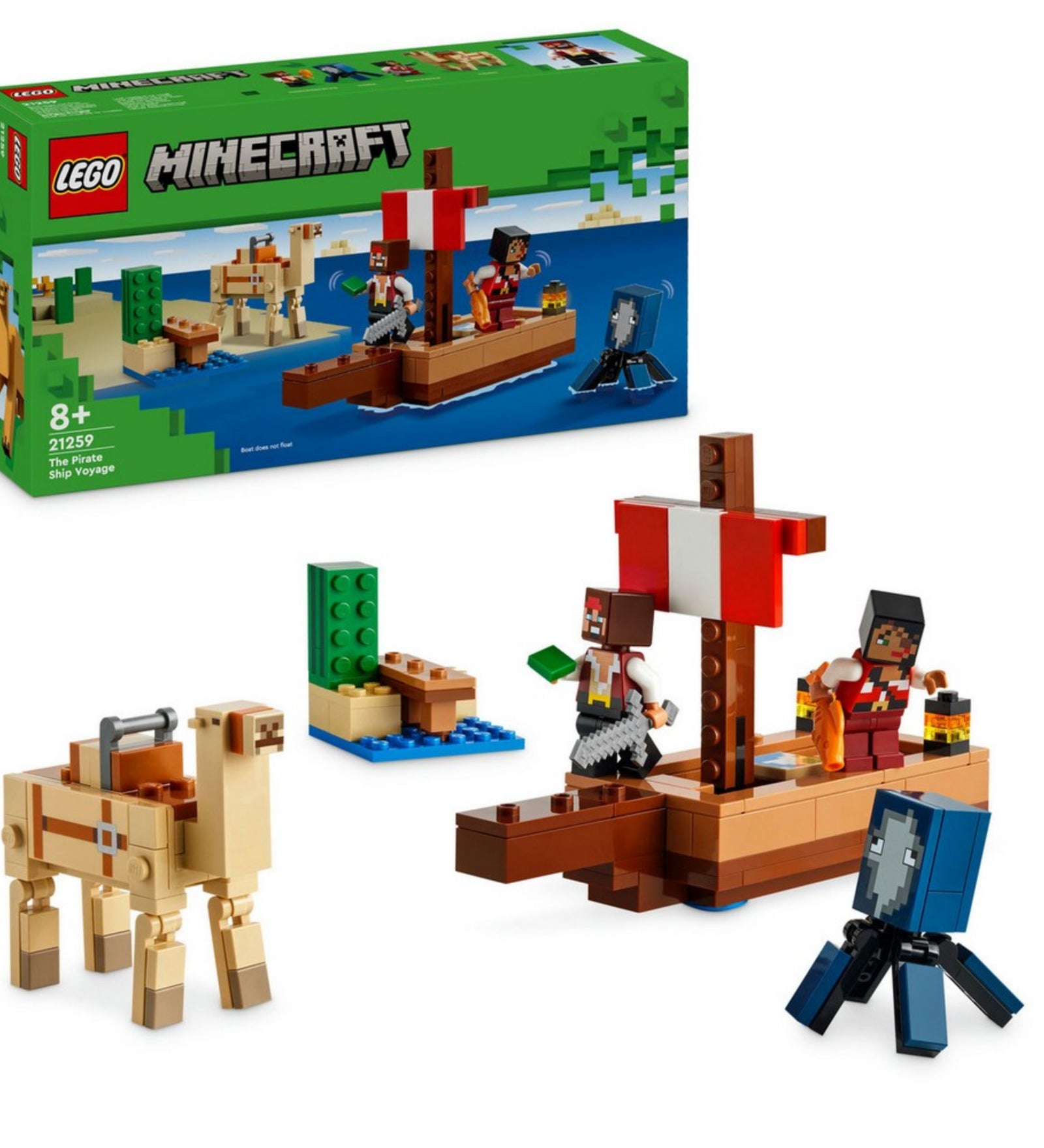 A LEGO Minecraft A kalózhajós utazás (21259) készlet doboza és megépített elemei, köztük a kalózhajó, két kalóz figura, egy tintahal, egy teve, valamint egy kis szigetrész LEGO kockákból.