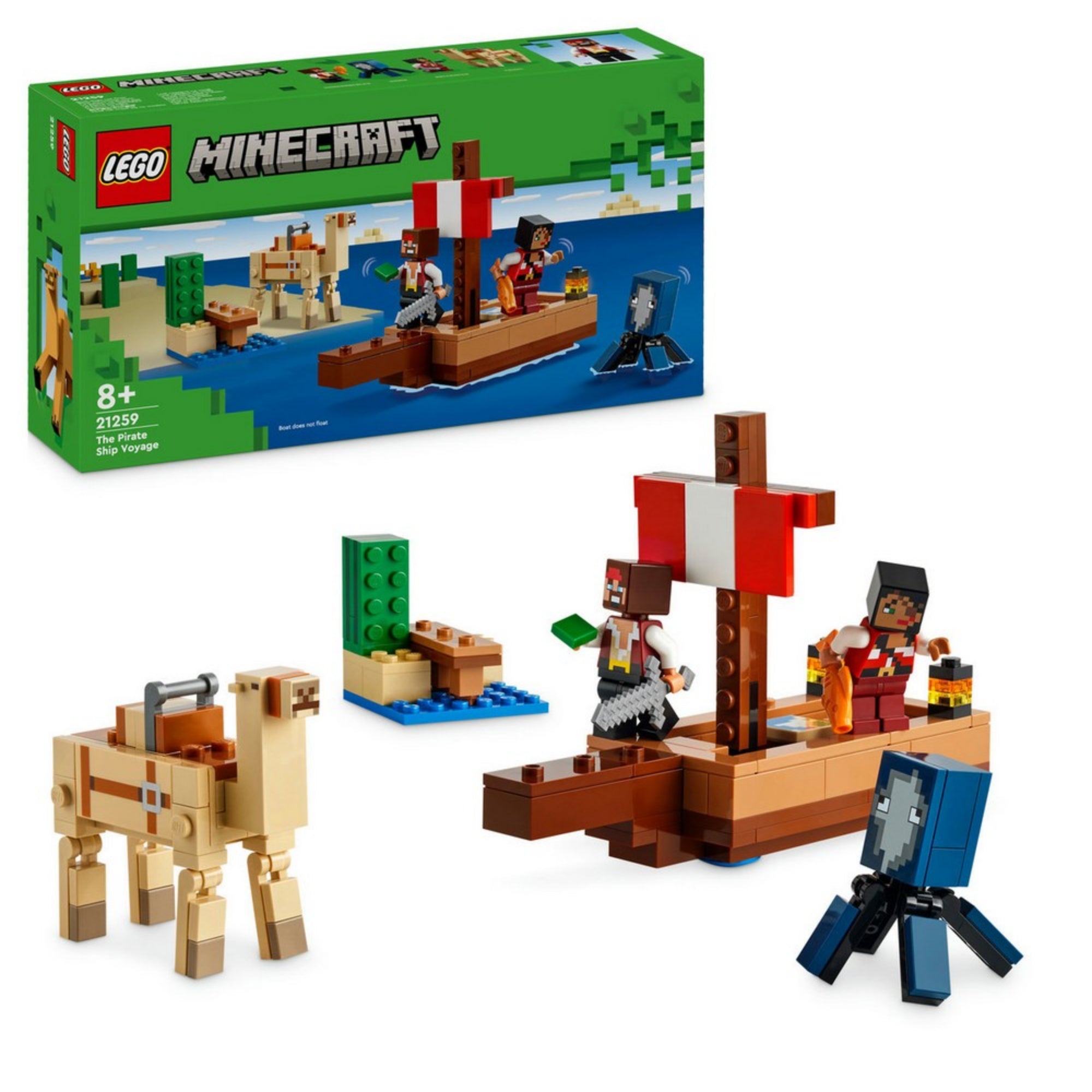 A LEGO Minecraft A kalózhajós utazás (21259) készlet doboza és megépített elemei, köztük a kalózhajó, két kalóz figura, egy tintahal, egy teve, valamint egy kis szigetrész LEGO kockákból.