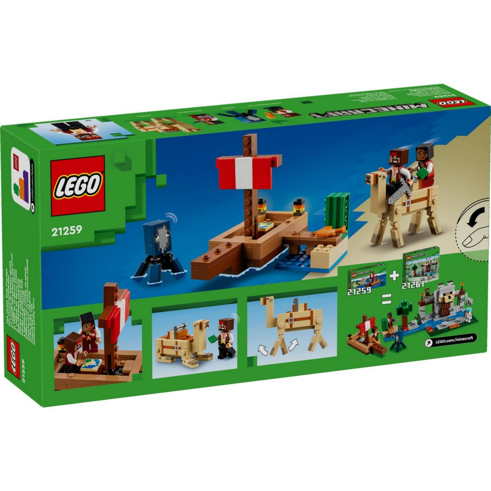 A LEGO Minecraft A kalózhajós utazás (21259) doboz hátoldala, amely részletes jeleneteket mutat a hajó belsejéről, a teve funkcióiról és az összekapcsolási lehetőségről a 21261-es készlettel.