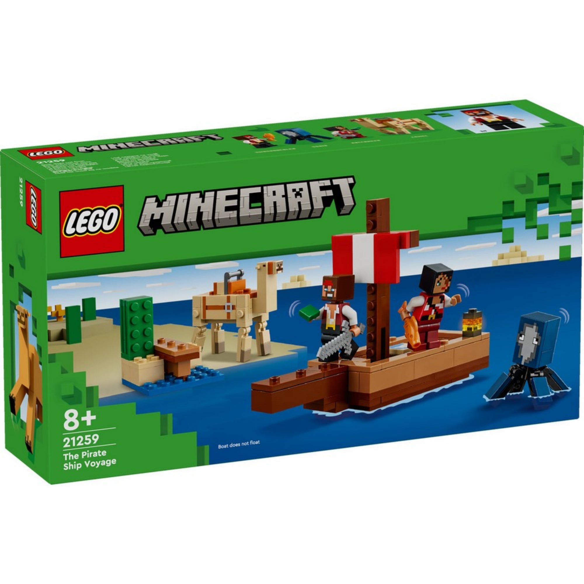 A LEGO Minecraft A kalózhajós utazás (21259) doboza elölnézetből, kalózokkal a hajón, a teve a parton és egy tintahallal a vízben, zöld Minecraft stílusú háttérrel.