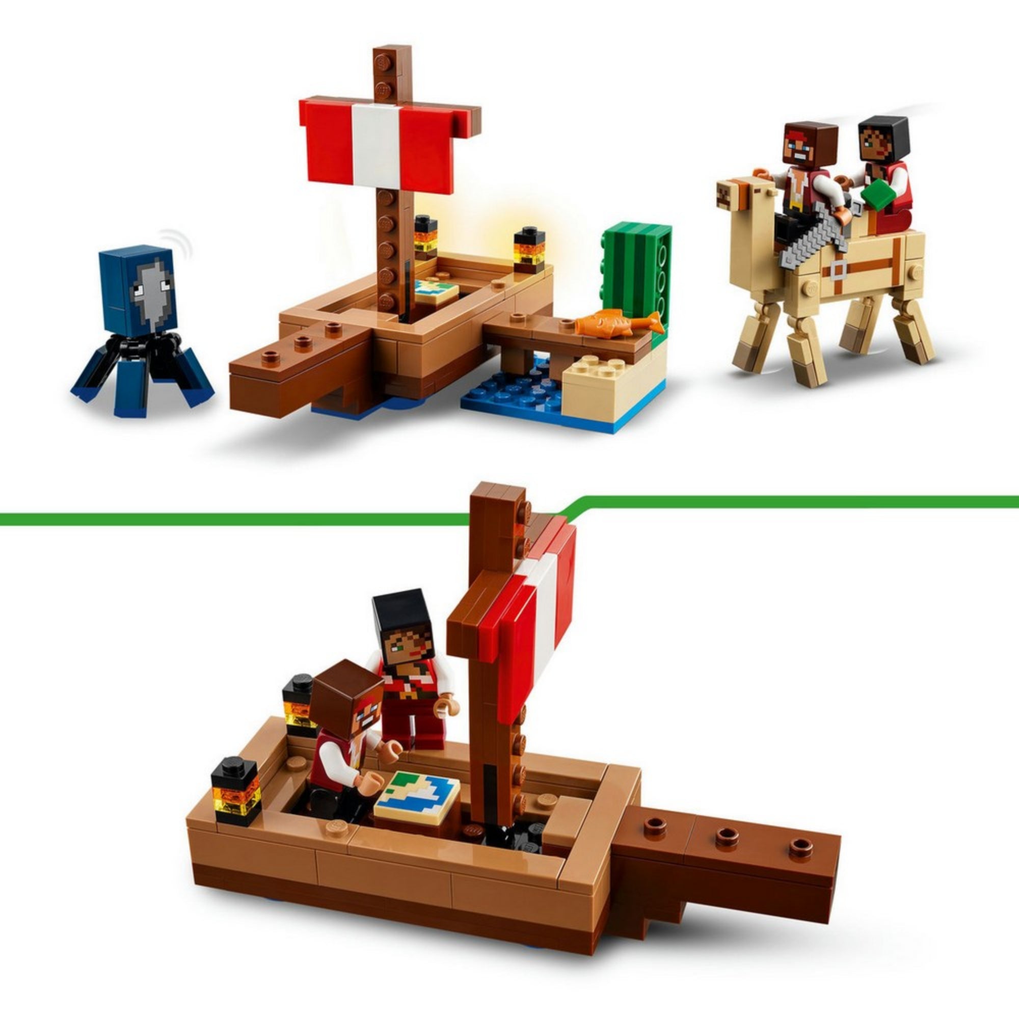 Két illusztráció a LEGO Minecraft A kalózhajós utazás (21259) készletből – az egyik a kalózokkal a hajón, a másik a teve hátán utazó karaktereket ábrázolja, mellette a tintahal figura is látható.