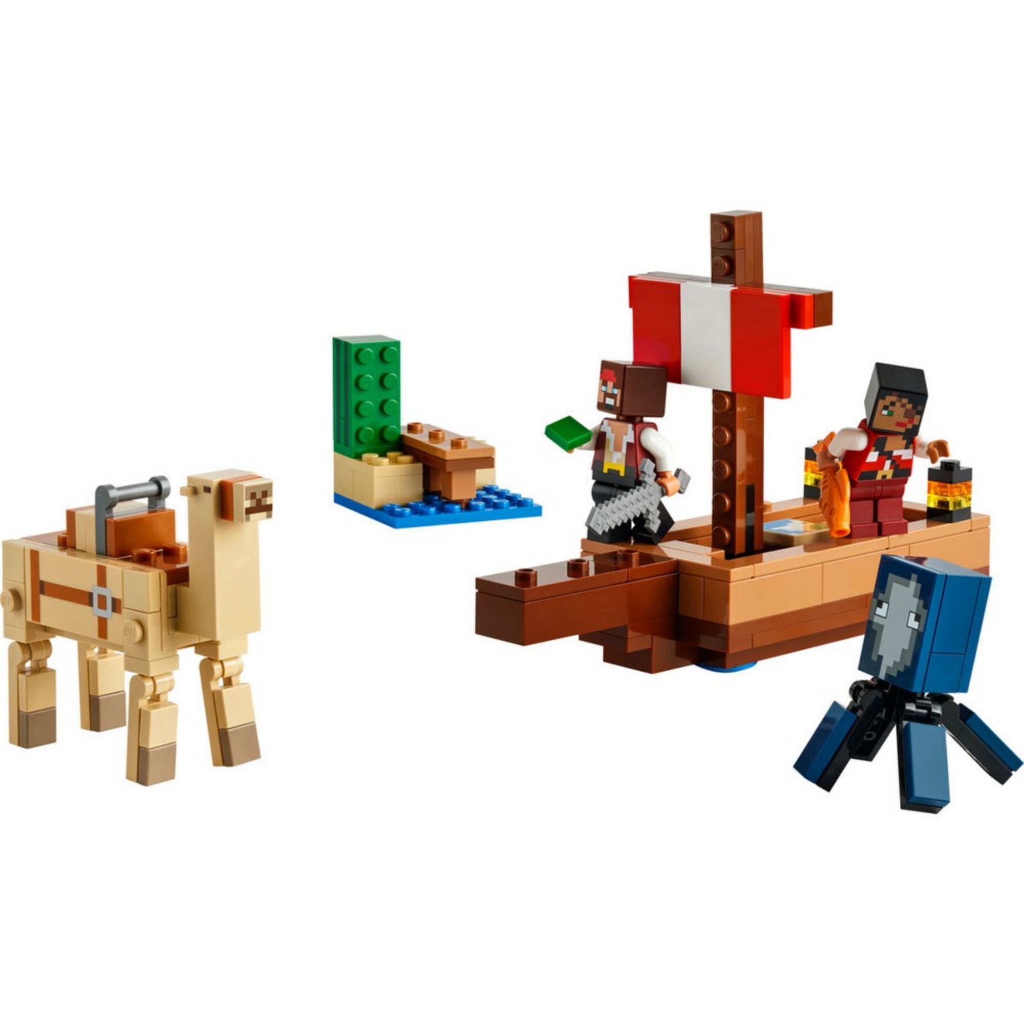 A LEGO Minecraft A kalózhajós utazás (21259) teljes készlet megépítve: kalózhajó vörös-fehér vitorlával, két Minecraft figura, egy teve, egy tintahal, valamint egy kis sziget elem LEGO kockákból.