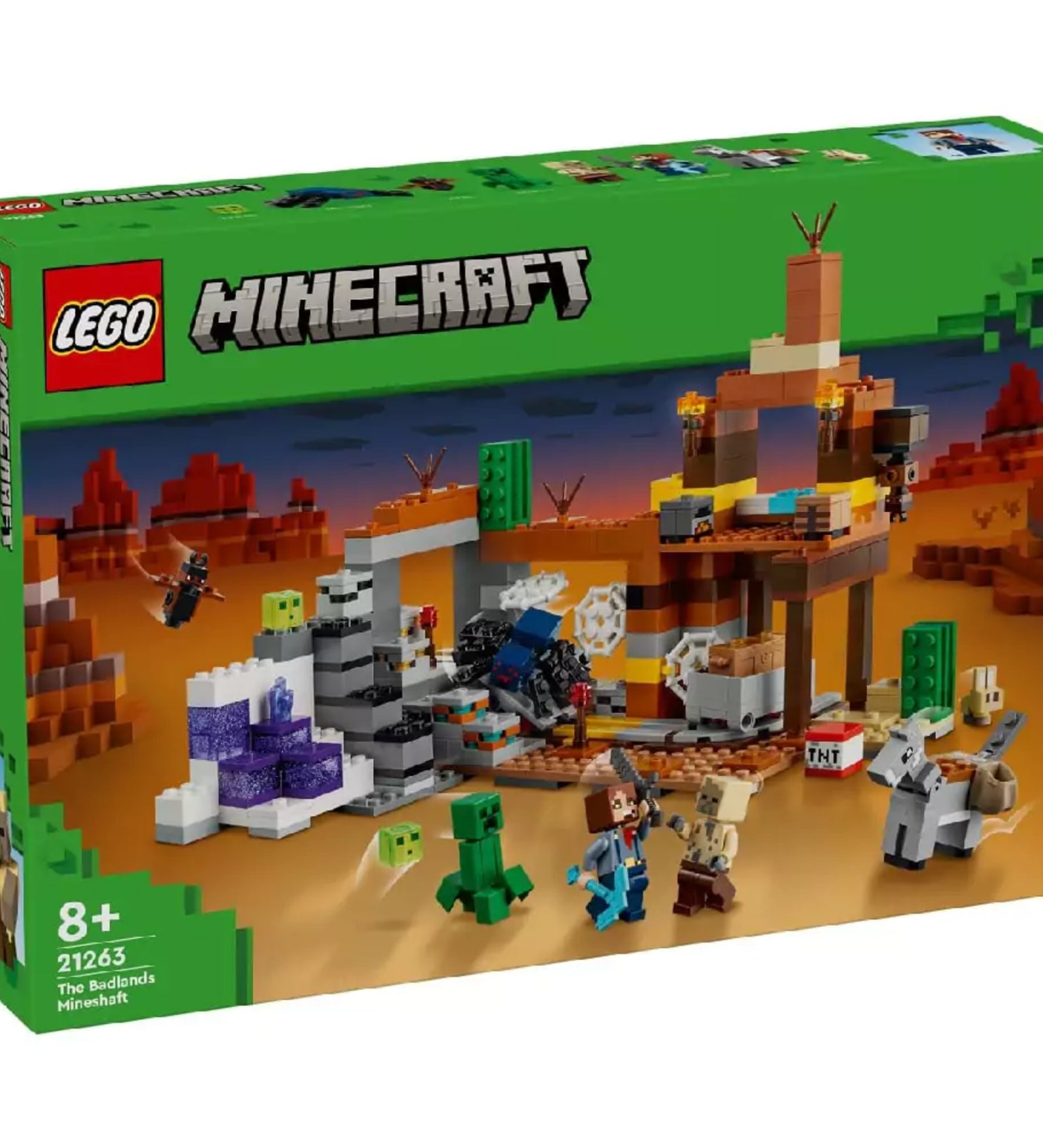 A LEGO Minecraft A pusztasági bánya (21263) színes doboza elölről, amely a készlet látványos elemeit, karaktereit és sivatagi hátterét mutatja be, 8+ korosztály jelzéssel.