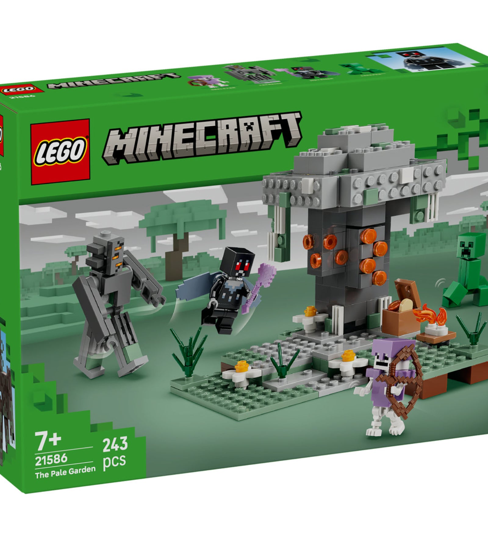 LEGO Minecraft The Pale Garden (21586) – a doboz elölnézete, központi építmény és harci jelenet figurákkal.
