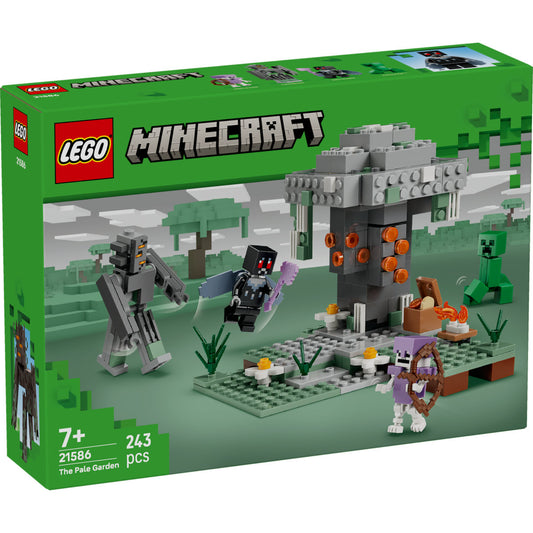 LEGO Minecraft The Pale Garden (21586) – a doboz elölnézete, központi építmény és harci jelenet figurákkal.