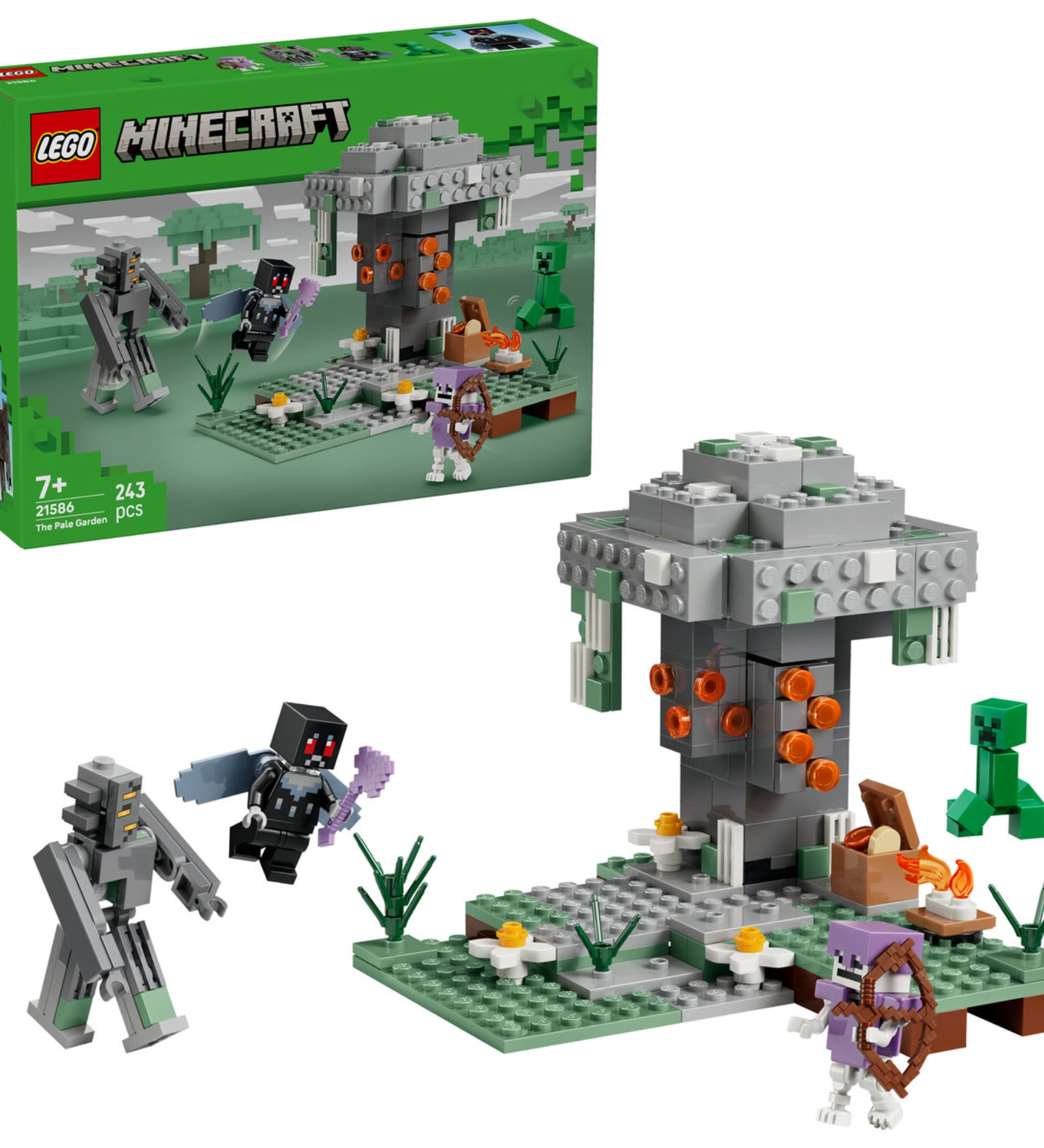 LEGO Minecraft The Pale Garden (21586) – a készlet dobozképe, megépíthető kert, ellenséges mobok és Minecraft figurák.
