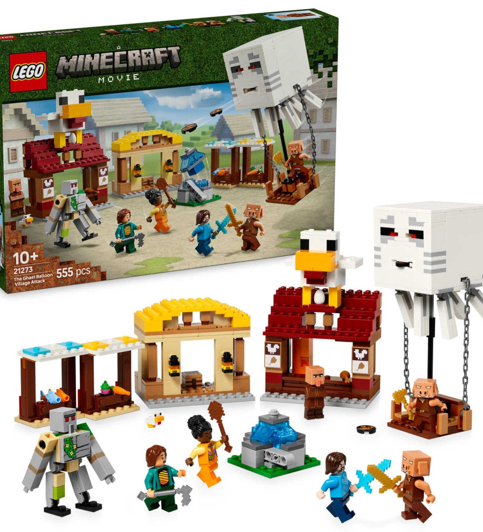 Ez a kép a LEGO Minecraft A szellemléghajó és falutámadás (21273) készlet tartalmát mutatja be. A szett 555 darabból áll, és egy izgalmas Minecraft-jelenetet idéz meg, ahol a falut megtámadja egy hatalmas szellemléghajó. A készletben megtalálhatók a játék ikonikus karakterei, köztük Steve, Natalie, Dawn, egy vasgólem, falusiak és fosztogatók. A falu piaci standokat, egy robbanó szökőkutat, egy csirkemodellt tojást tojó funkcióval, valamint egy korongvetővel felszerelt szellemléghajót tartalmaz.