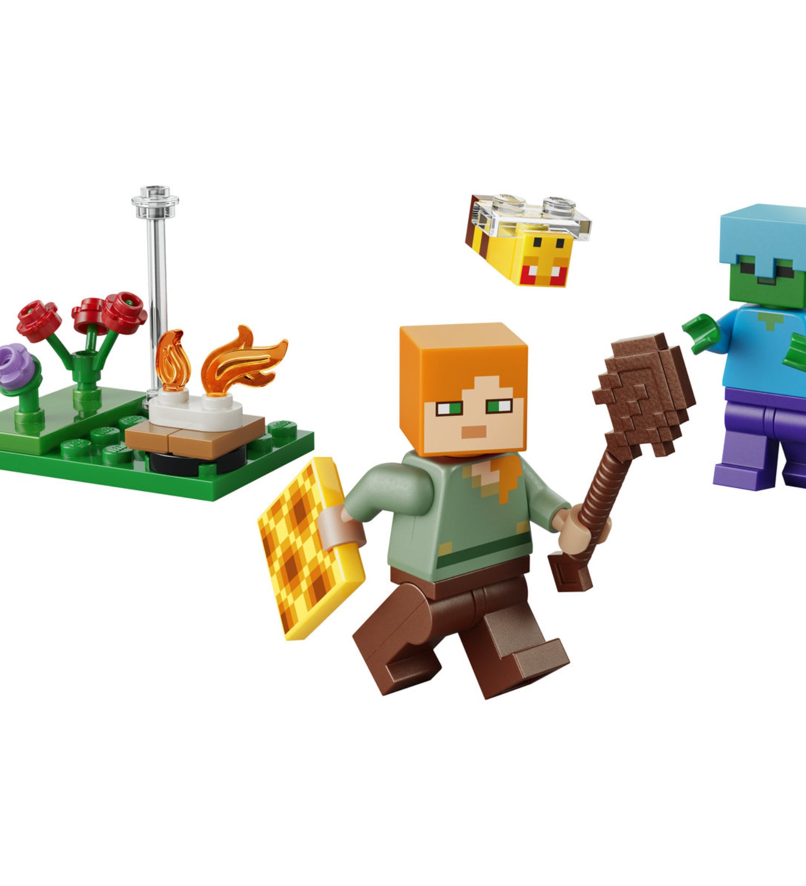 LEGO Minecraft Alex's Campfire Conflict 30732 megépített jelenet Alex minifigurával, zombival, tábortűzzel és méhecskével.