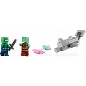 LEGO Minecraft Axolotl házhoz tartozó minifigurák: búvár, axolotlok és más vízi lények egy tenger alatti jelenetben.