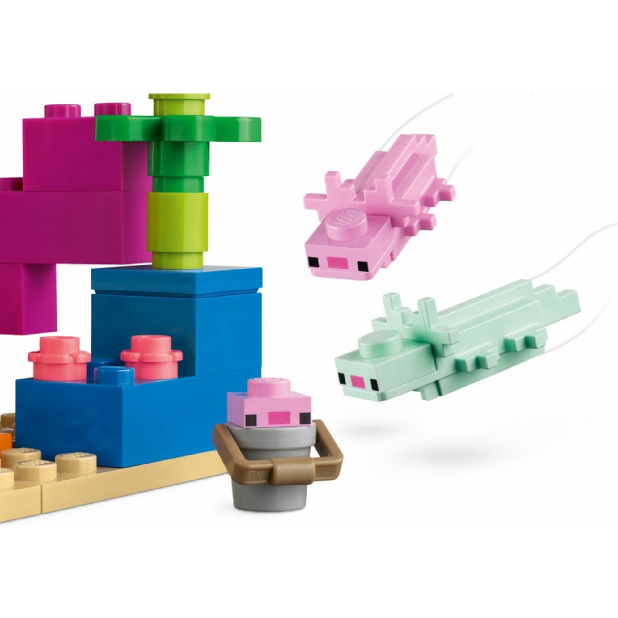 Illusztráció az Axolotl ház belső teréről LEGO Minecraft stílusban, színes részletekkel és játékos jelenetekkel.