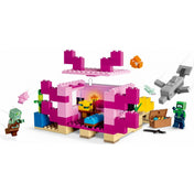 LEGO Minecraft Axolotl ház mozgatható elemei, például nyitható tetejű házrész és levehető falak játék közbeni interakcióhoz.