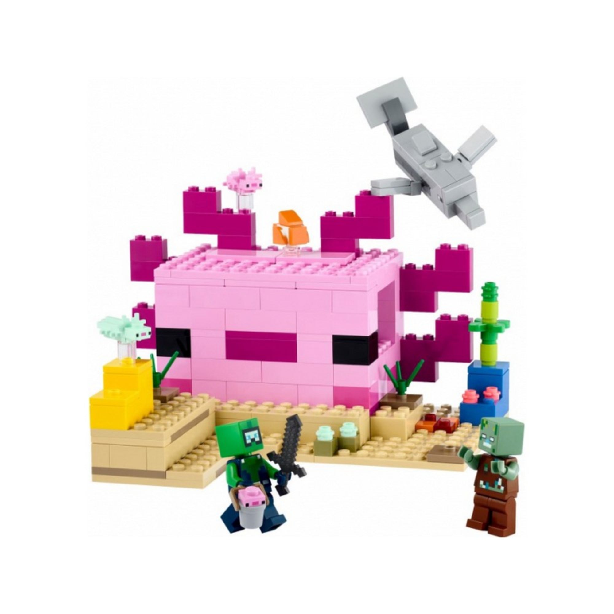 LEGO Minecraft Axolotl ház teljes készlet, rózsaszín axolotl formájú házzal, búvár karakterrel, állatokkal és víz alatti jelenettel.