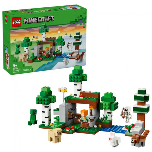 LEGO Minecraft Az első éjszaka kalandja (21593) teljes megépített játékkészlete a dobozképpel, Minecraft menedékkel, fákkal, folyóval, Alex figurával és ellenséges mobokkal.