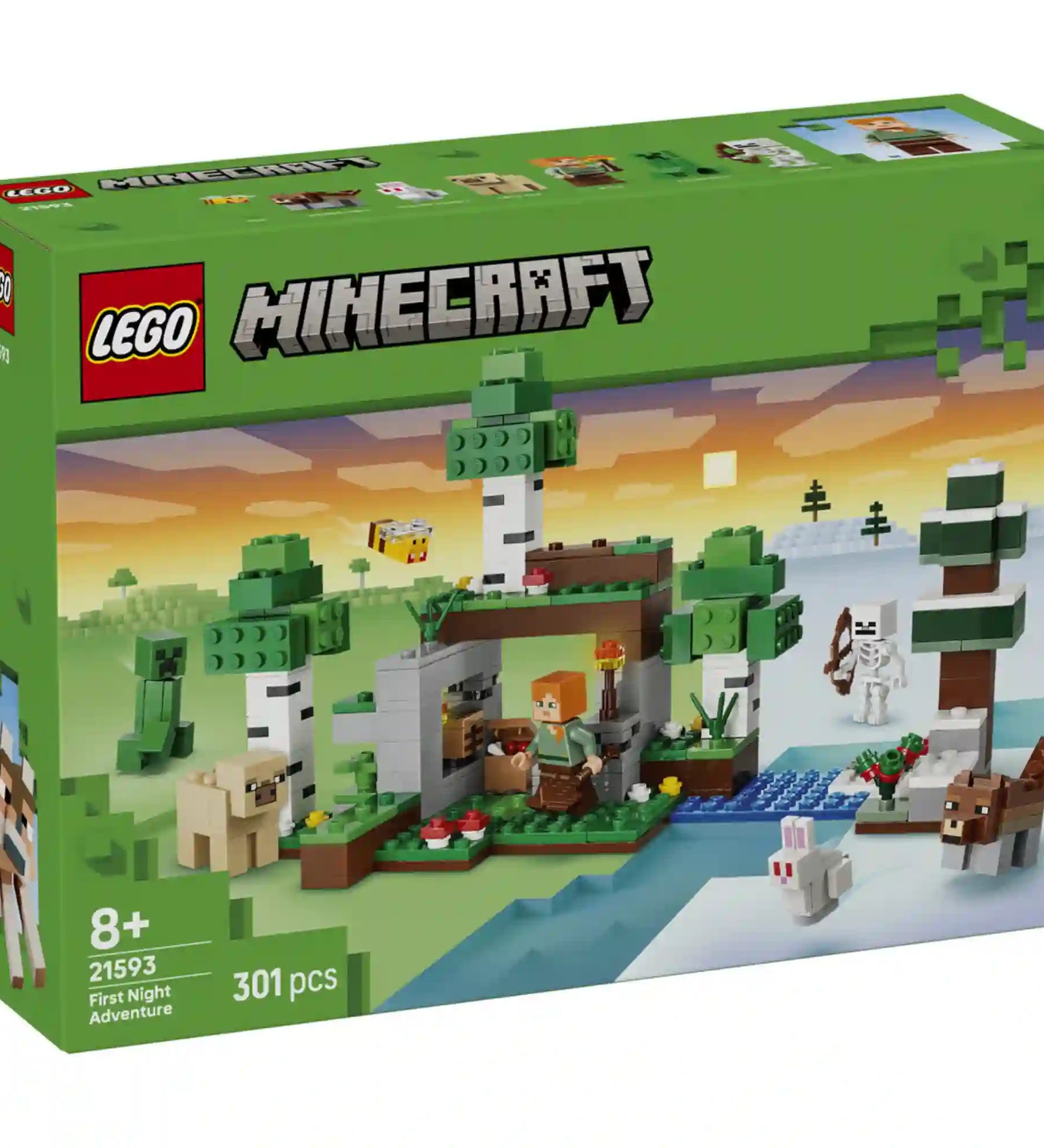LEGO Minecraft Az első éjszaka kalandja (21593) elülső dobozképe, havas és erdei biommal, Alex figurával, creeperrel, csontvázzal és állatokkal.