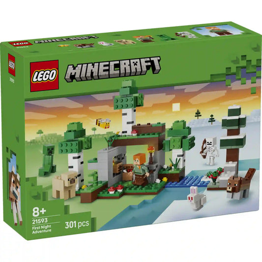 LEGO Minecraft Az első éjszaka kalandja (21593) elülső dobozképe, havas és erdei biommal, Alex figurával, creeperrel, csontvázzal és állatokkal.
