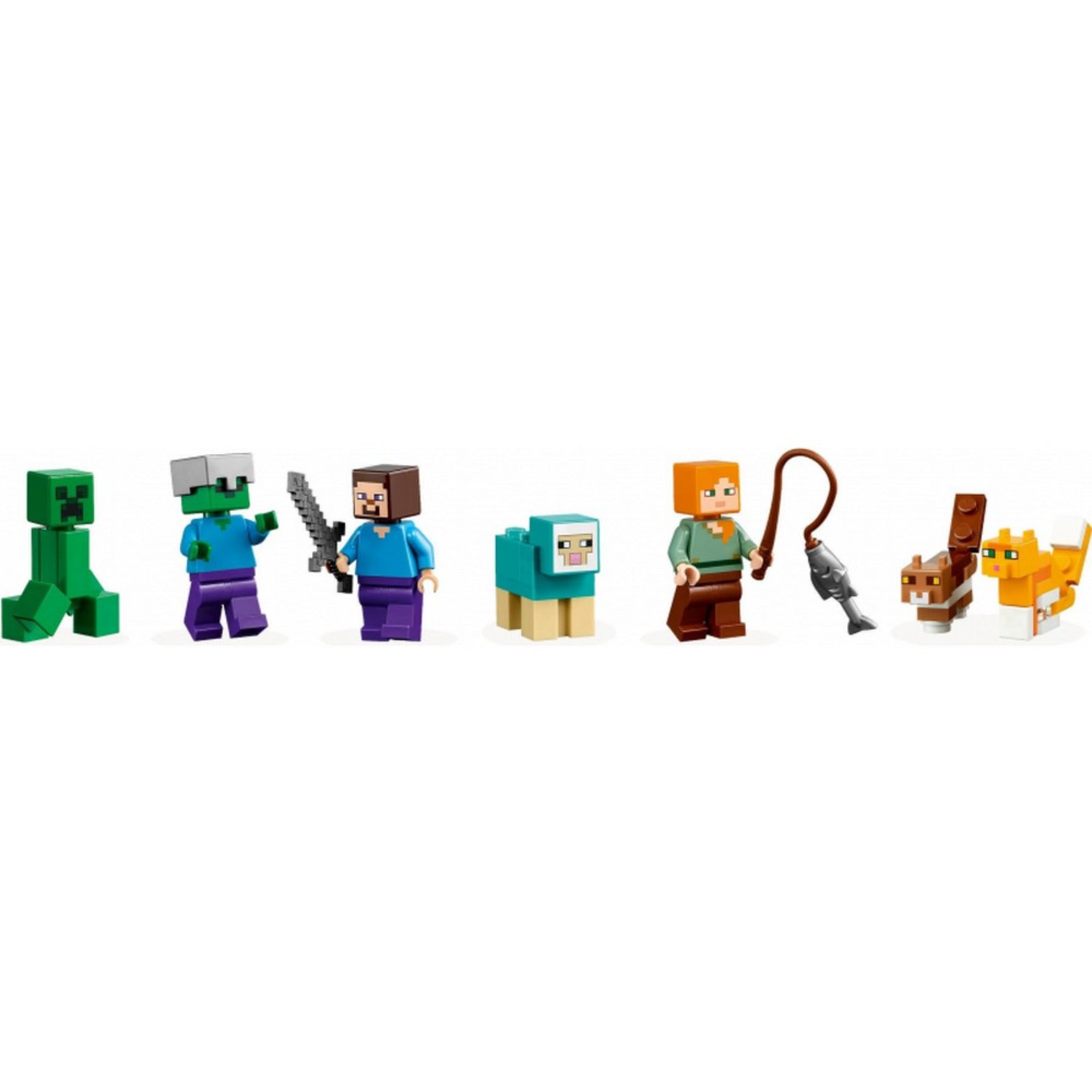 A LEGO Minecraft Crafting láda 4.0 készletben található összes figura külön felsorakoztatva: Creeper, sisakos zombi, Steve karddal, ciánkék bárány, Alex horgászbottal, valamint két különböző színű macska.