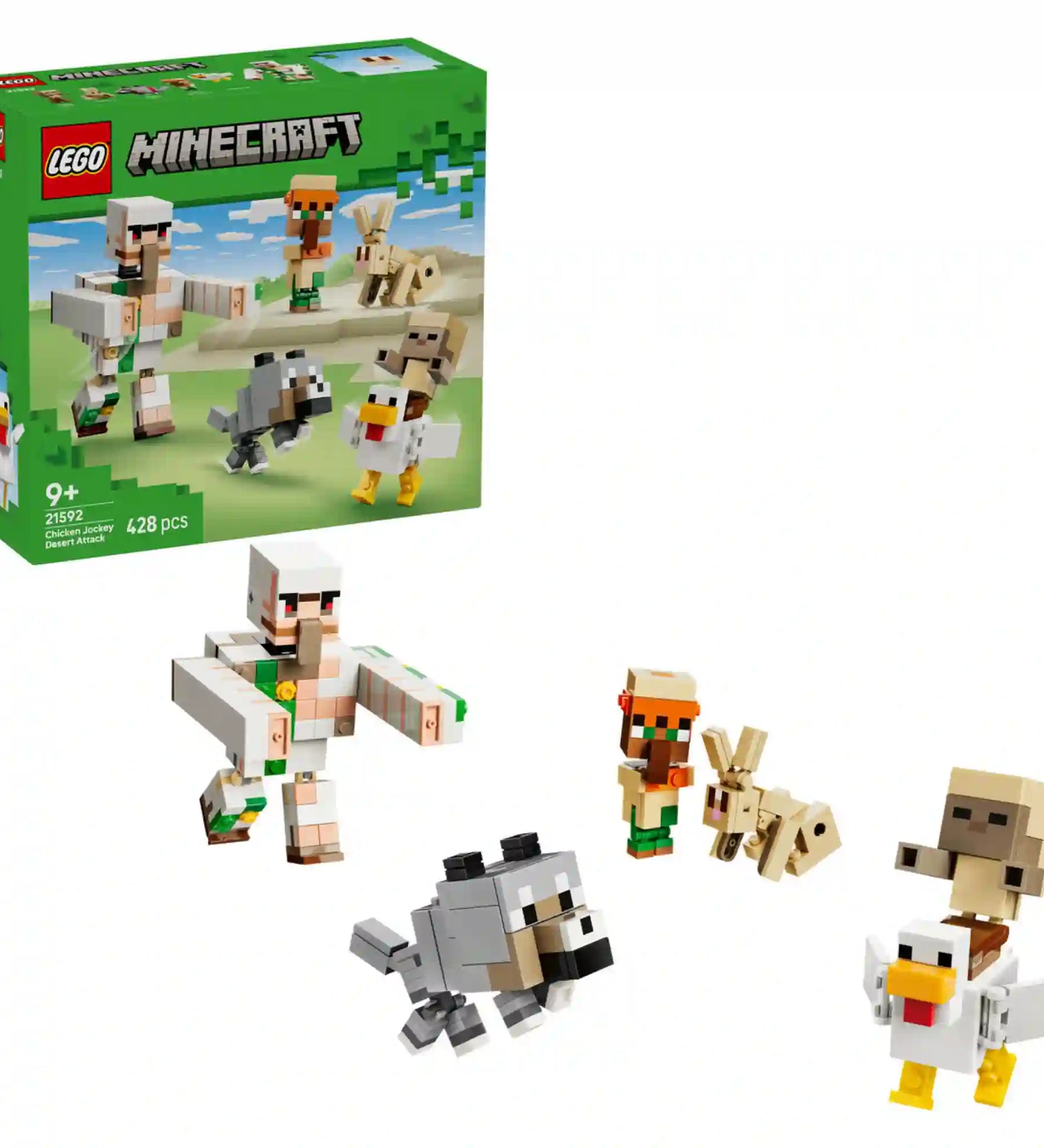 LEGO Minecraft Csirkelovas-sivatagi támadás (21592) készlet a dobozképpel és a megépíthető figurákkal, köztük a vasgólemmel, falusival, farkassal, nyúllal és csirkelovassal.