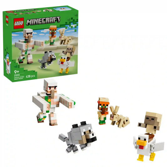LEGO Minecraft Csirkelovas-sivatagi támadás (21592) készlet a dobozképpel és a megépíthető figurákkal, köztük a vasgólemmel, falusival, farkassal, nyúllal és csirkelovassal.