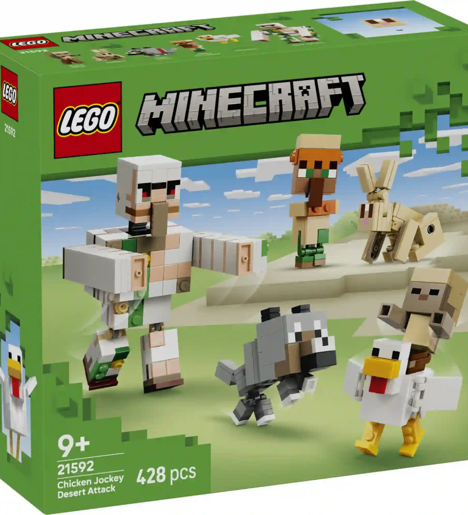 LEGO Minecraft Csirkelovas-sivatagi támadás (21592) elülső dobozképe, amely a Minecraft sivatagi jelenetét és a készlet karaktereit mutatja be.