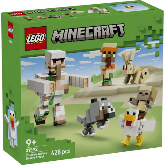 LEGO Minecraft Csirkelovas-sivatagi támadás (21592) elülső dobozképe, amely a Minecraft sivatagi jelenetét és a készlet karaktereit mutatja be.