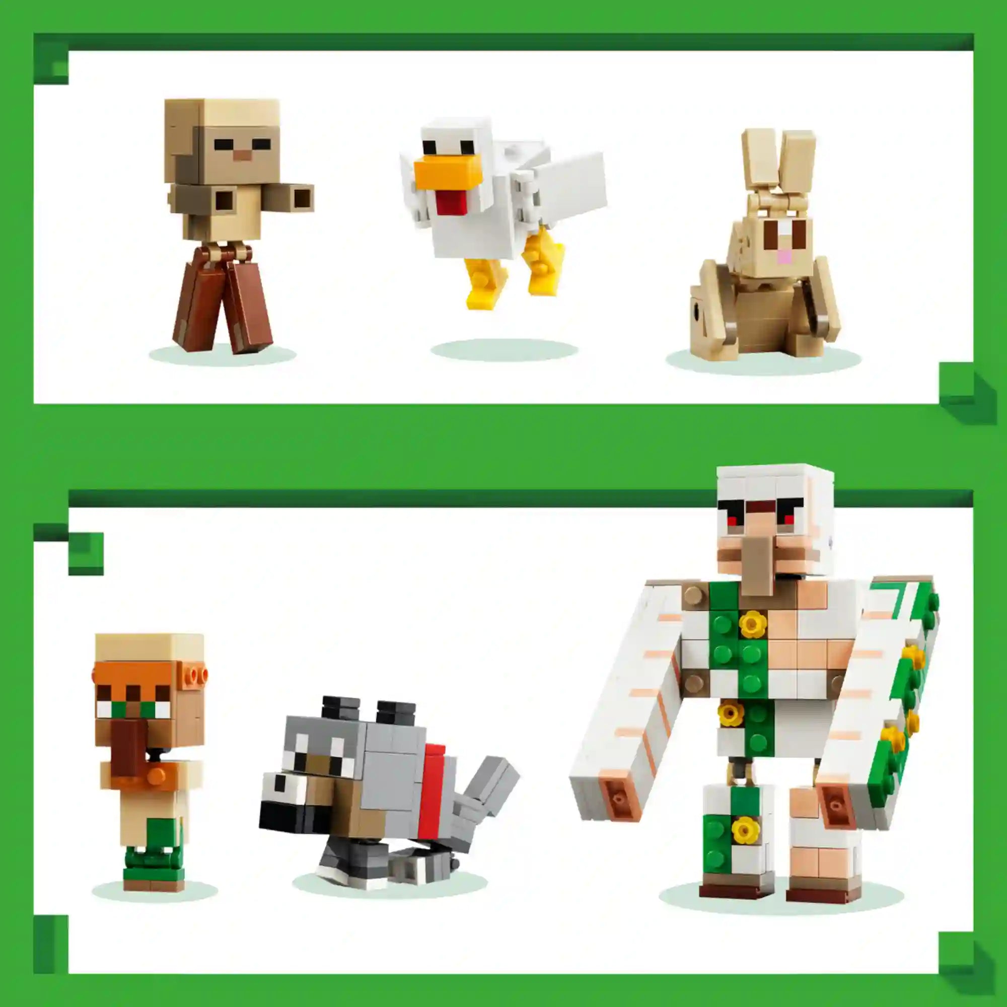 LEGO Minecraft Csirkelovas-sivatagi támadás (21592) közelképe a készlet szereplőiről, köztük a vasgólemről, falusiról, farkasról, nyúlról, csirkéről és a bébi zombiról.