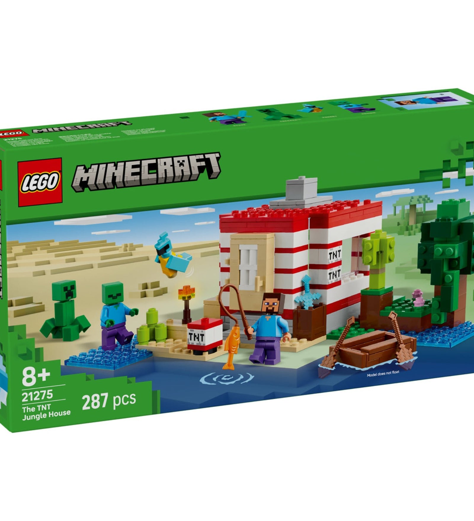 A doboz előnézete színes grafikával, TNT feliratú házzal, karakterekkel és Minecraft stílusú vízi jelenettel.