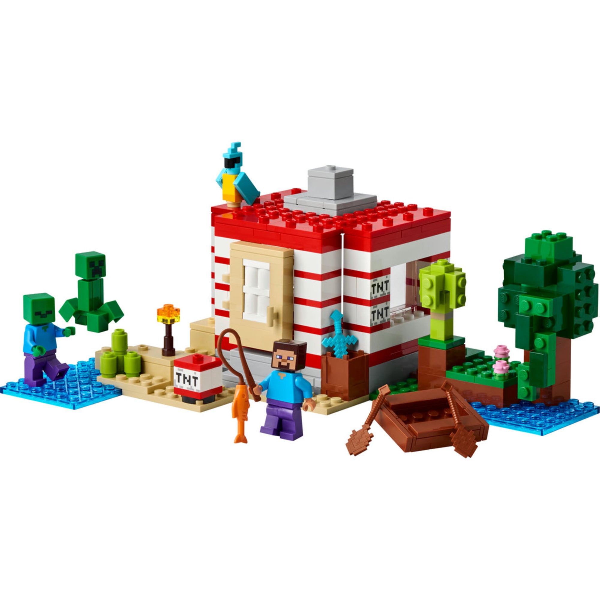 Az elkészült modell figurákkal, növényekkel, vízzel és kiegészítőkkel, Minecraft stílusban.