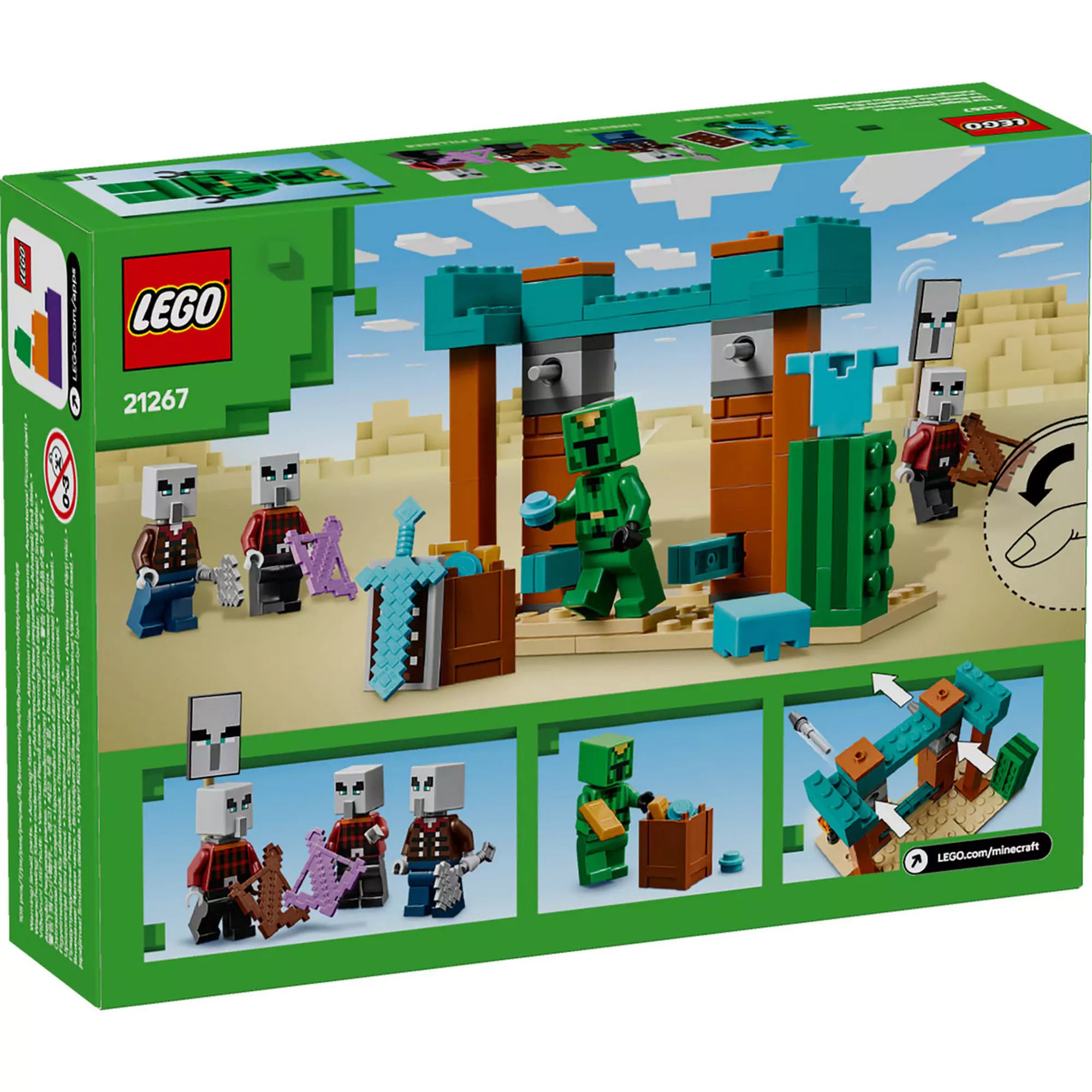 A LEGO Minecraft Illager Sivatagi Járőr 21267 készlet dobozának hátoldala, amely részletesen bemutatja a készlet tartalmát, beleértve a funkciókat és a játékelemeket, mint például a rakétaindító mechanizmust, a különböző fegyvereket és a kincset rejtegető hordót.