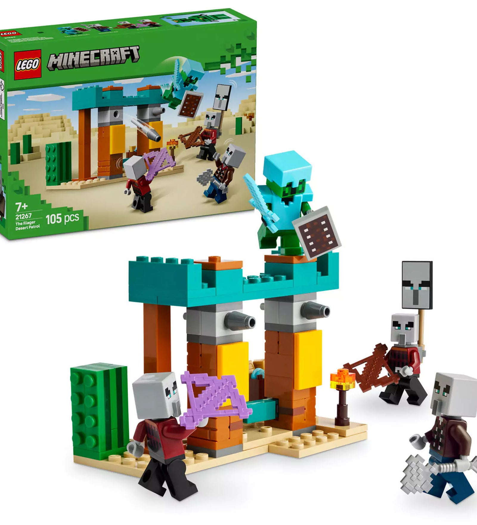 A LEGO Minecraft Illager Sivatagi Járőr 21267 készlet tartalma, beleértve a Cactus Knight figurát gyémánt páncélban, három illager figurát, rakétaindítókat, különféle fegyvereket, és egy kincset tartalmazó hordót a sivatagi avanpost környezetében.