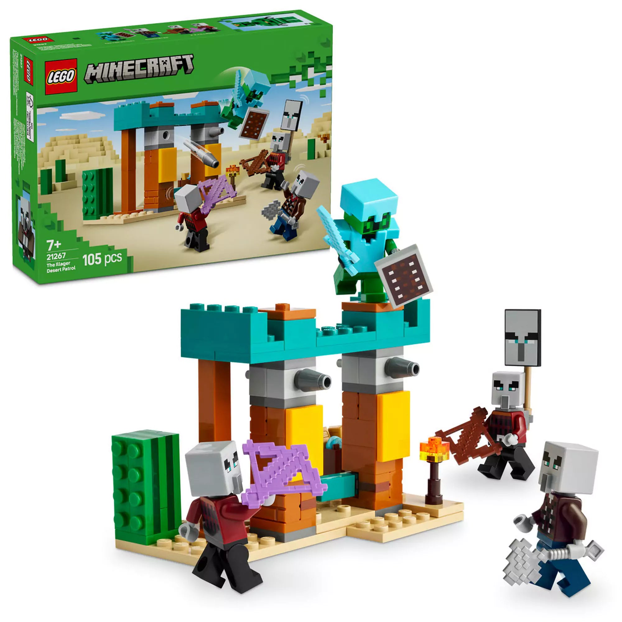 A LEGO Minecraft Illager Sivatagi Járőr 21267 készlet tartalma, beleértve a Cactus Knight figurát gyémánt páncélban, három illager figurát, rakétaindítókat, különféle fegyvereket, és egy kincset tartalmazó hordót a sivatagi avanpost környezetében.