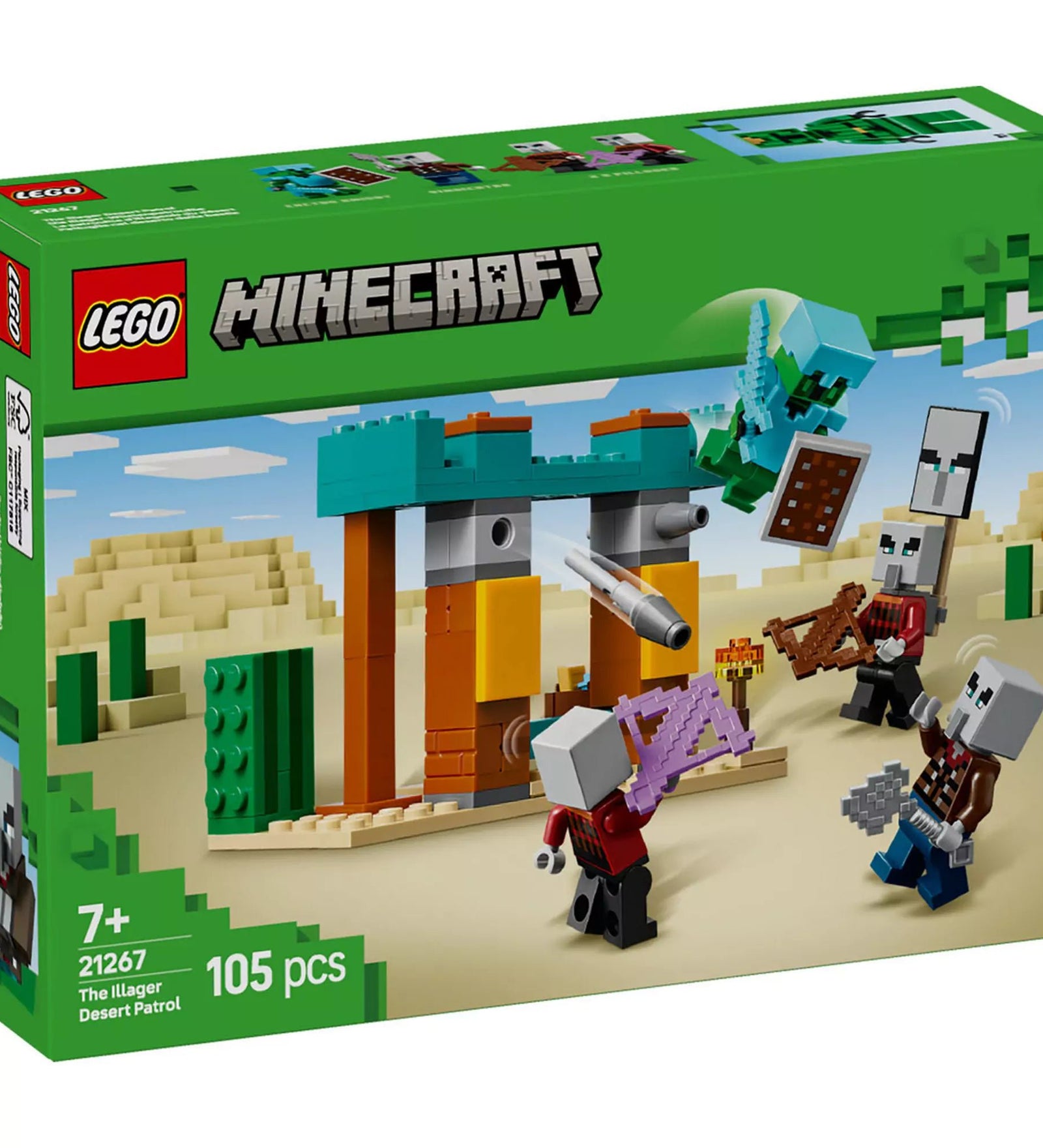 A LEGO Minecraft Illager Sivatagi Járőr (21267) készlet, amelyet négy Minecraft minifigura jellemez, köztük a Cactus Knight-ot