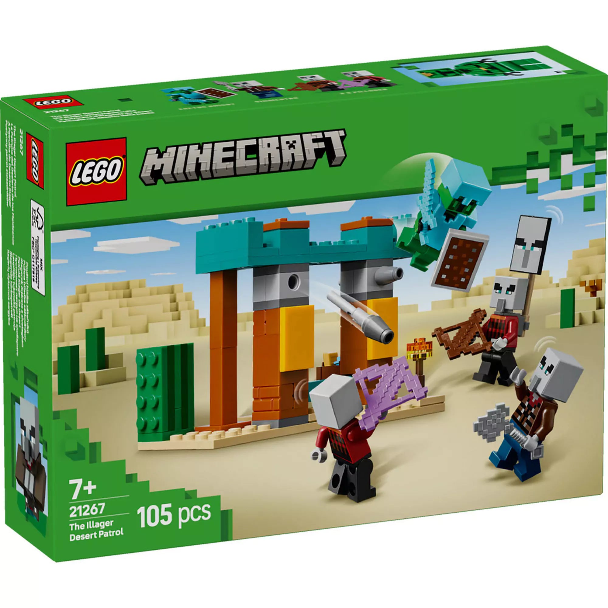 A LEGO Minecraft Illager Sivatagi Járőr (21267) készlet, amelyet négy Minecraft minifigura jellemez, köztük a Cactus Knight-ot