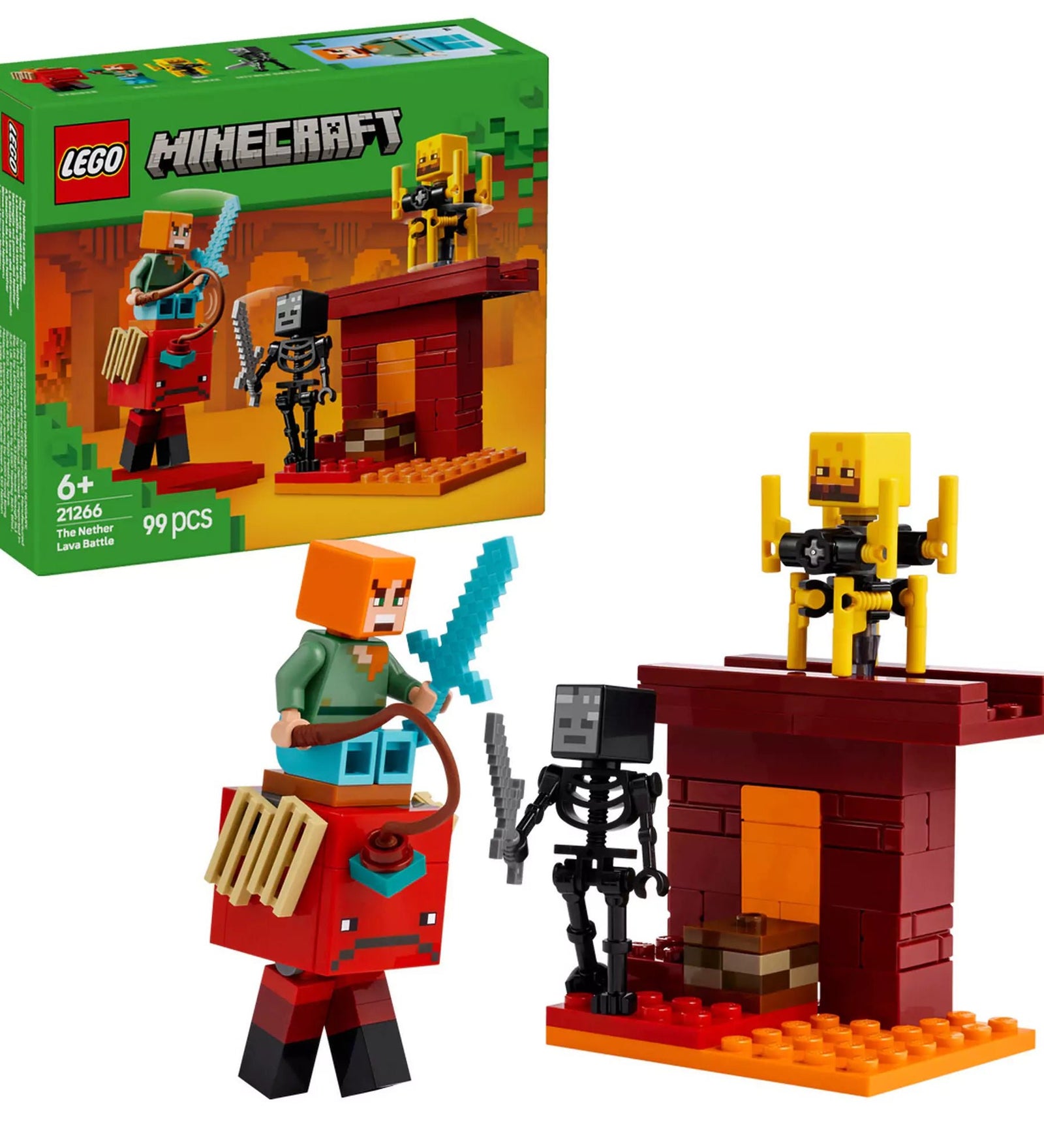 A LEGO Minecraft Lávafeletti Csata a Netherben (21266) készlet tartalma, beleértve az Alex figurát, egy wither csontvázat, egy blaze-t, és egy strider-t, valamint különböző építőelemeket és tartozékokat, amelyek a Nether erőd hídjának és környezetének megalkotásához szükségesek.