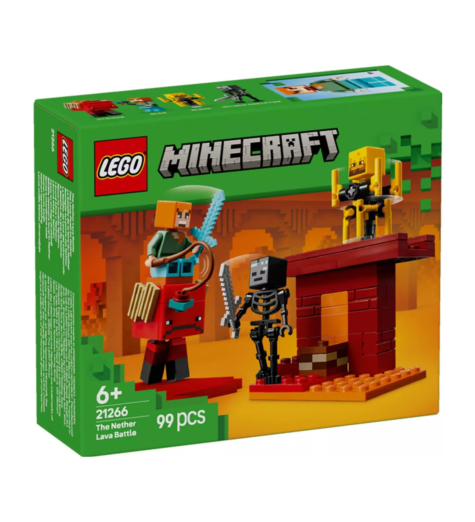 A LEGO Minecraft Lávafeletti Csata a Netherben készlet, Alex-szel, egy wither csontvázzal, egy blaze-zel és egy striderrel, amint egy Nether erőd hídján állnak, körülvéve mozgó lávával.