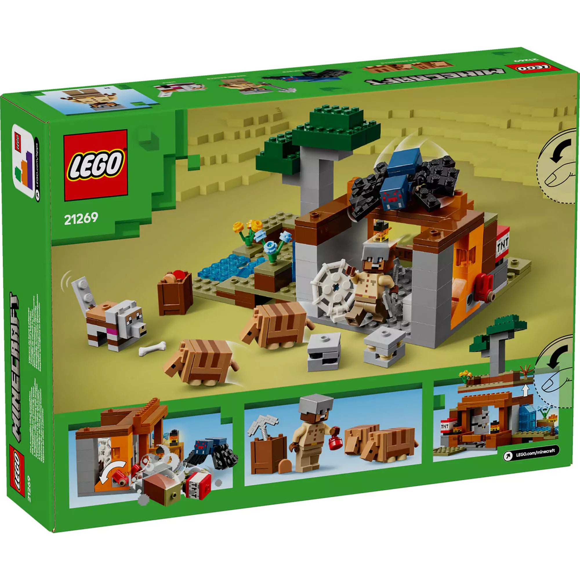 A LEGO Minecraft Tatubányászati Expedíció 21269 készlet dobozának hátoldala, amely részletesen bemutatja a készlet összeszerelési lehetőségeit és a játék funkcióit különböző képeken keresztül, beleértve a TNT robbantását, a patakot, a láva vízesést, és az állatfigurákat, mint a tatuk és a farkasok.