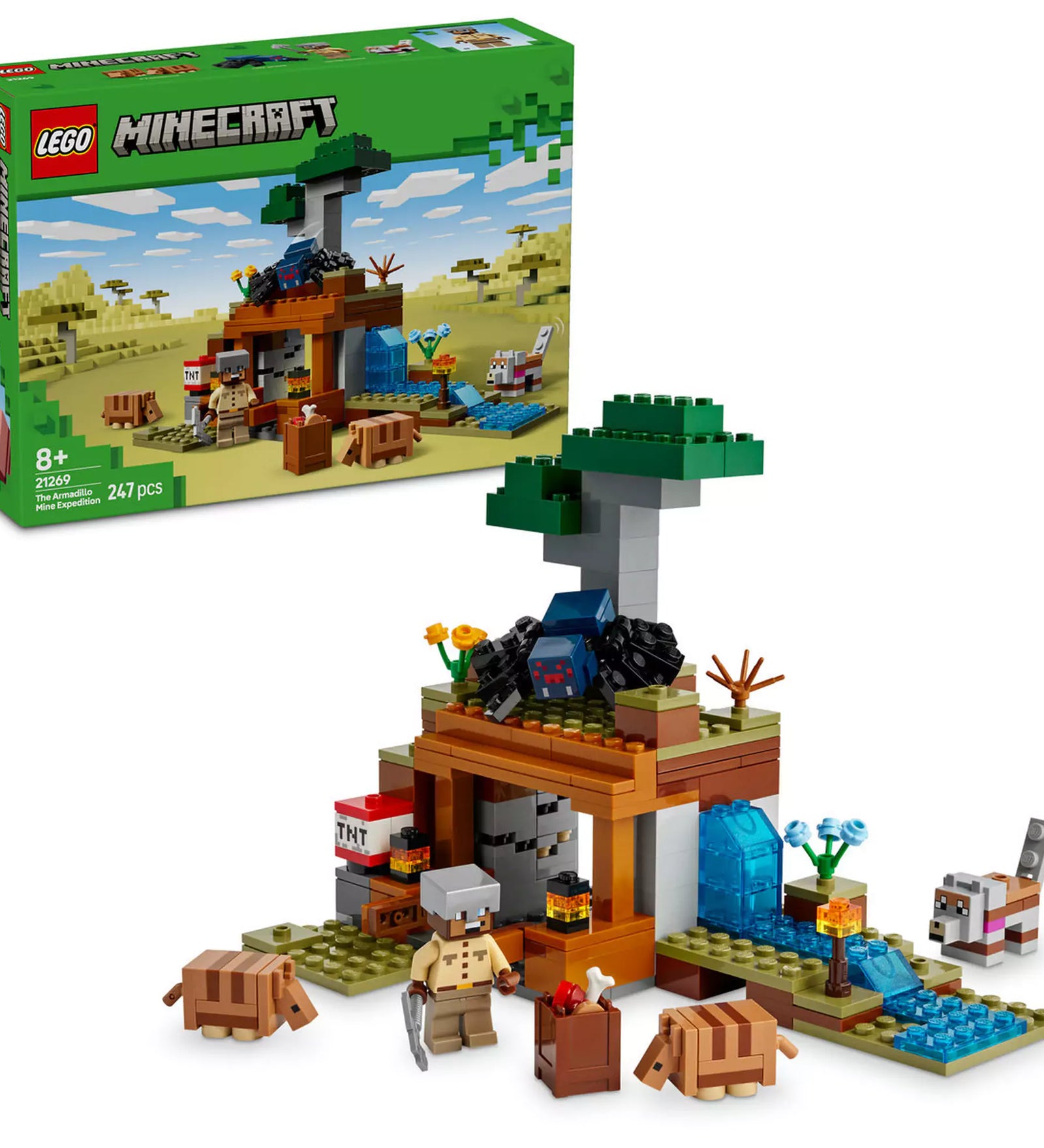 LEGO Minecraft Tatubányászati Expedíció 21269 készlet, amelyen látható a szavanna biomjában elhelyezkedő bányászati terület, komplett TNT robbantó funkcióval, folyóval, láva vízeséssel, és számos állatfigurával, mint a tatuk és a farkas.