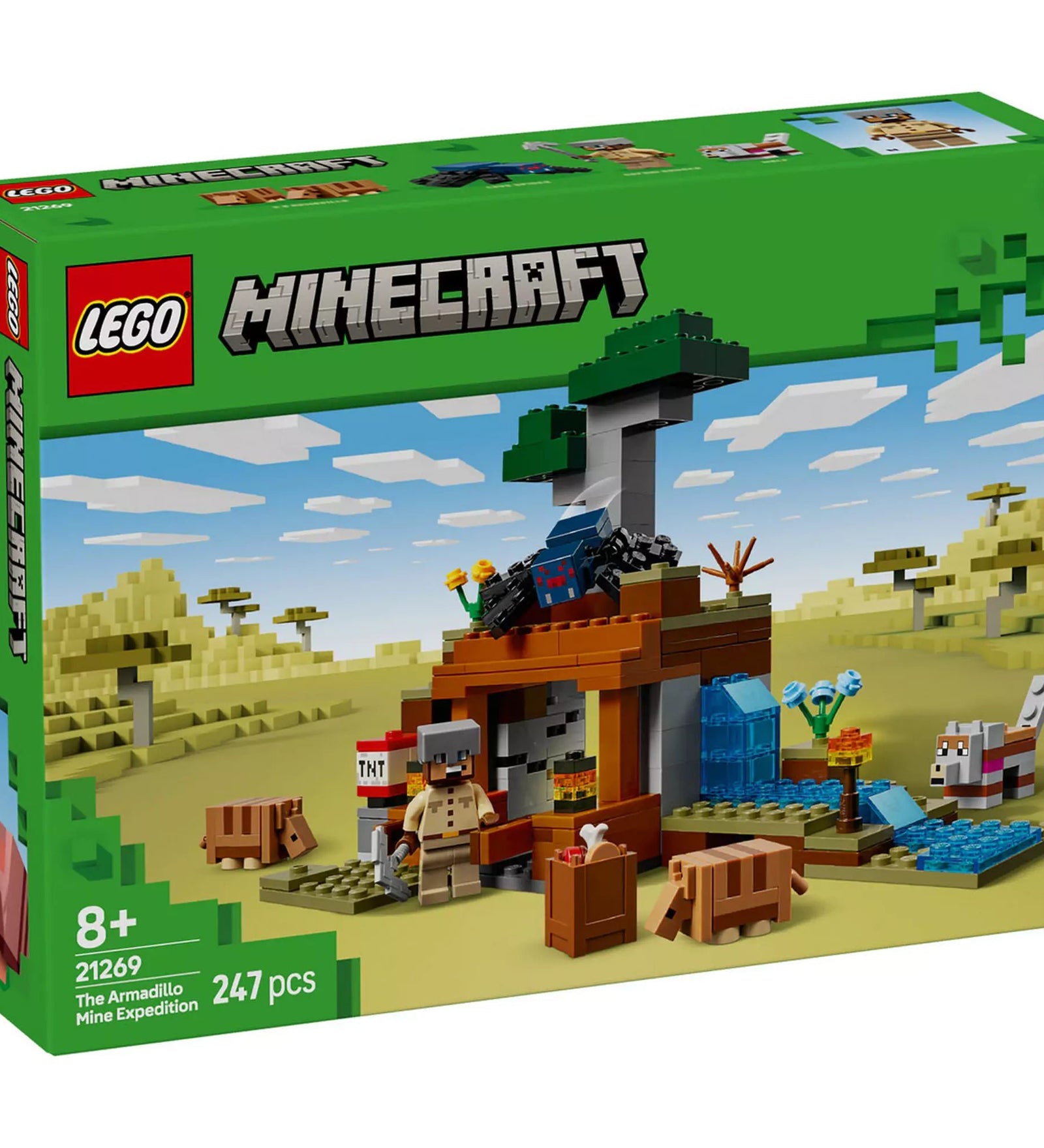 A LEGO Minecraft Tatubányászati Expedíció 21269 készlet doboza, amelyen látható a bányászati tevékenységek, TNT robbantás, folyó és láva vízesés, valamint a tatuk és más Minecraft karakterek izgalmas kalandjaik közben.