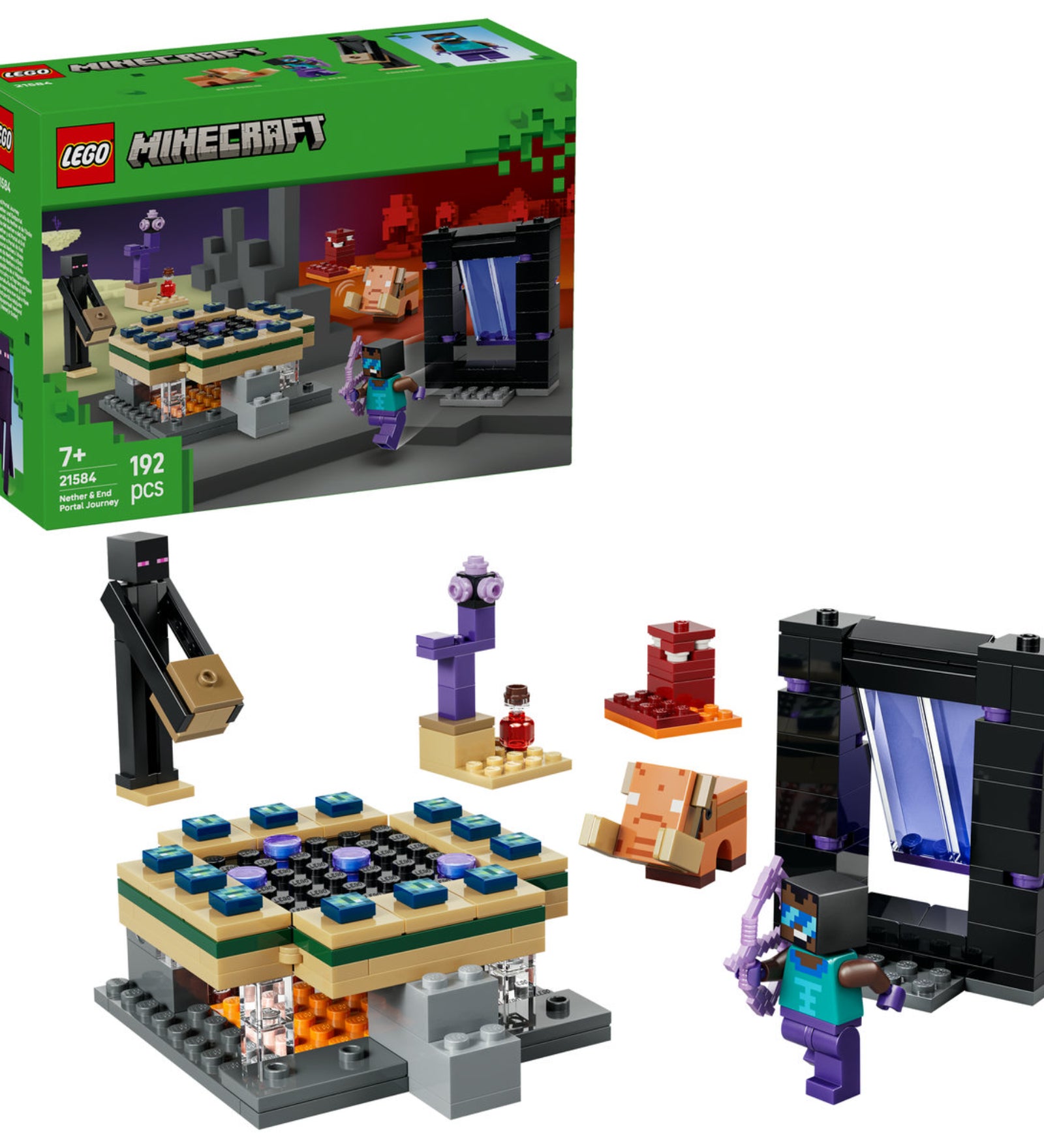 LEGO Minecraft Nether és End portál utazás (21584) – a készlet dobozképe, Nether és End jelenetekkel, Steve figurával és portállal.