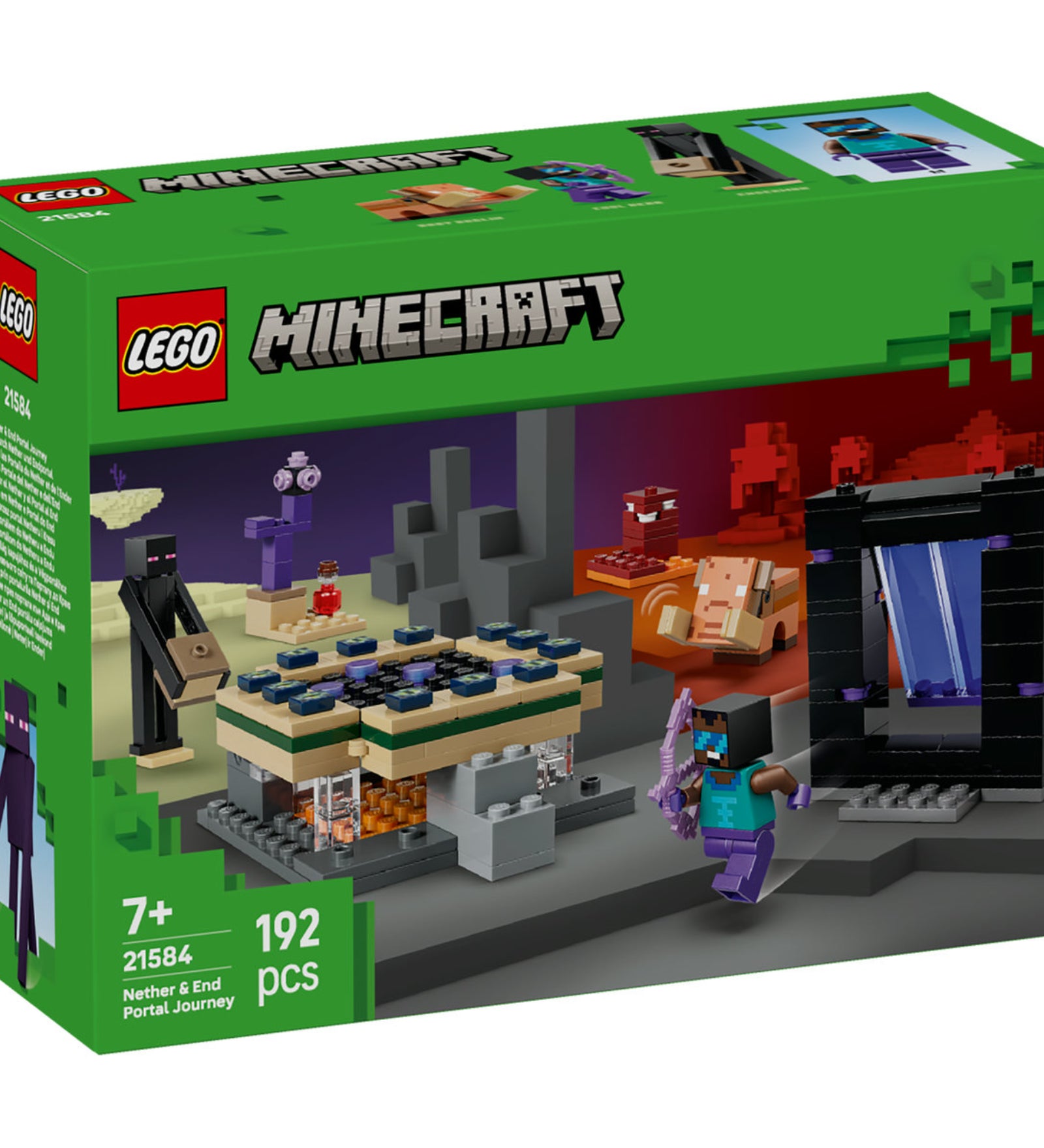 LEGO Minecraft Nether és End portál utazás (21584) – a doboz elölnézete, megépíthető portál, Enderman és Minecraft figurák.
