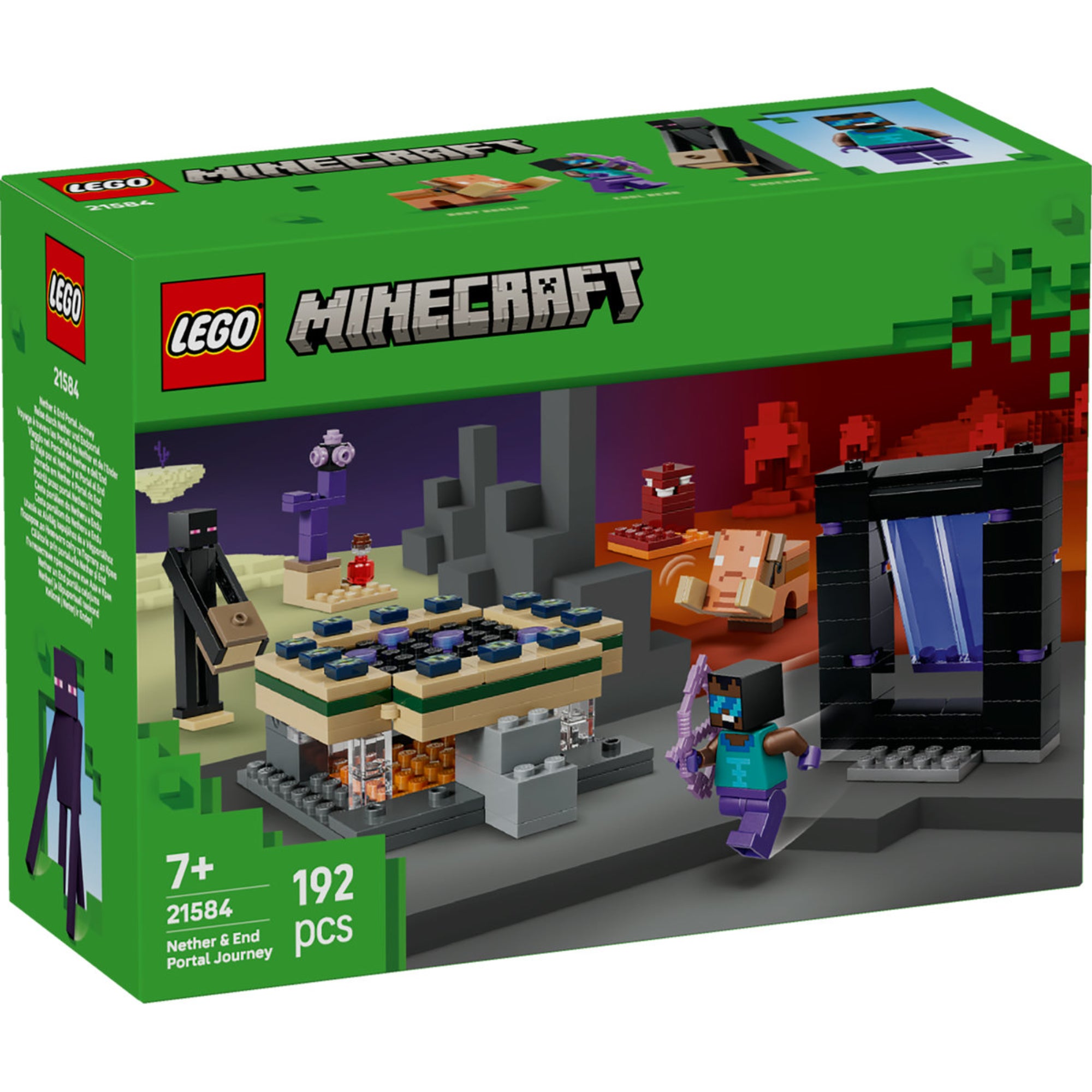 LEGO Minecraft Nether és End portál utazás (21584) – a doboz elölnézete, megépíthető portál, Enderman és Minecraft figurák.