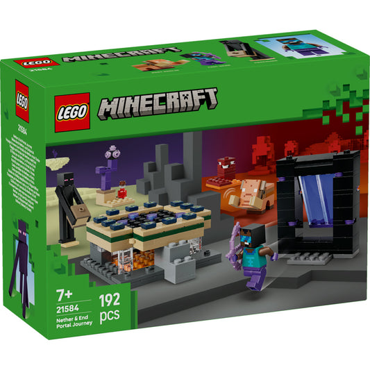 LEGO Minecraft Nether és End portál utazás (21584) – a doboz elölnézete, megépíthető portál, Enderman és Minecraft figurák.