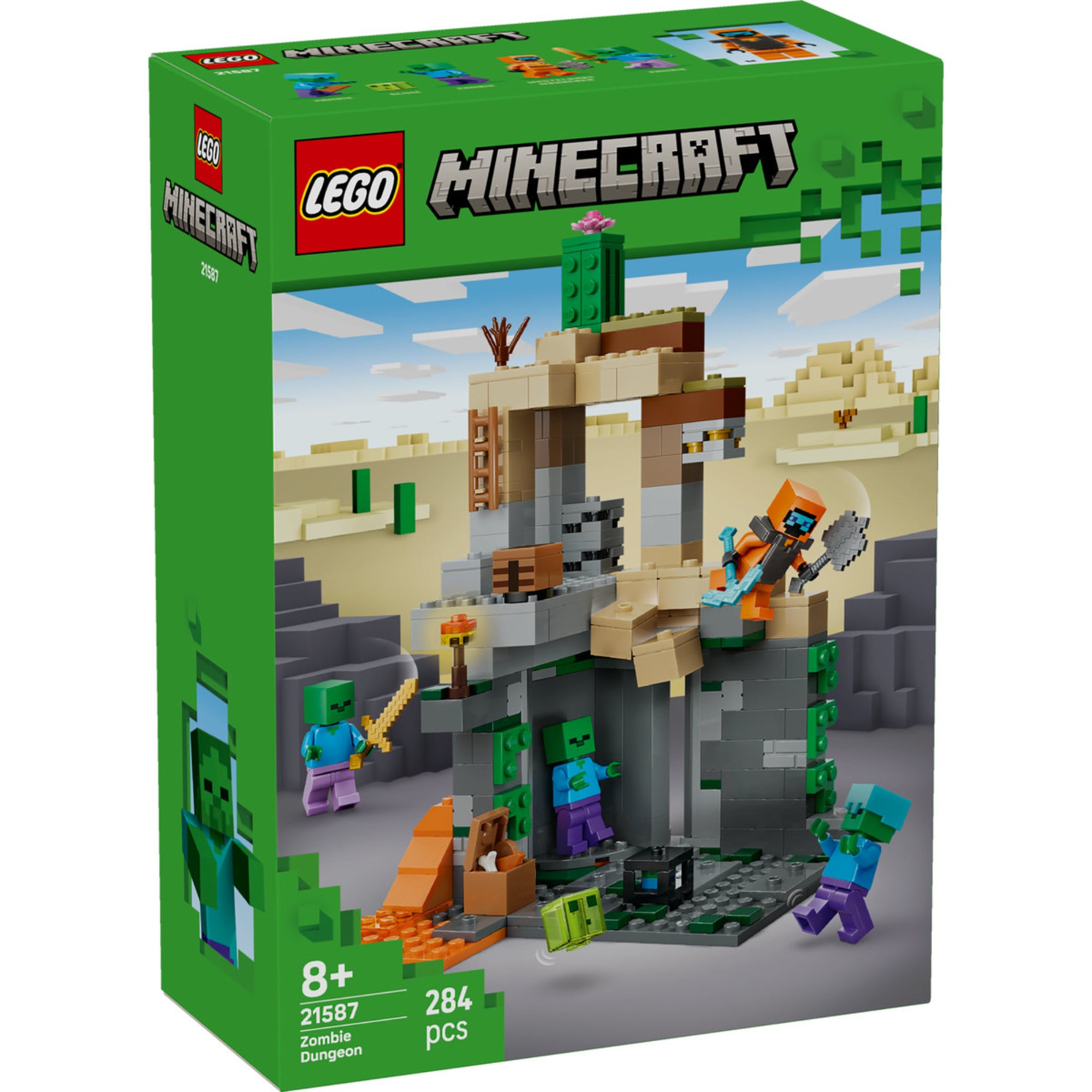 LEGO Minecraft Zombie Dungeon (21587) – a doboz elölnézete, zombik, kalandor figura és megépíthető dungeon jelenet.