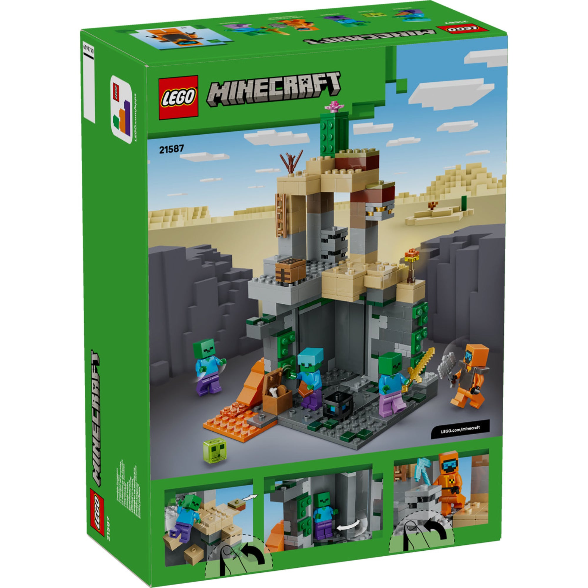 LEGO Minecraft Zombie Dungeon (21587) – a készlet dobozának hátoldala, akciófunkciók és játéklehetőségek bemutatása.