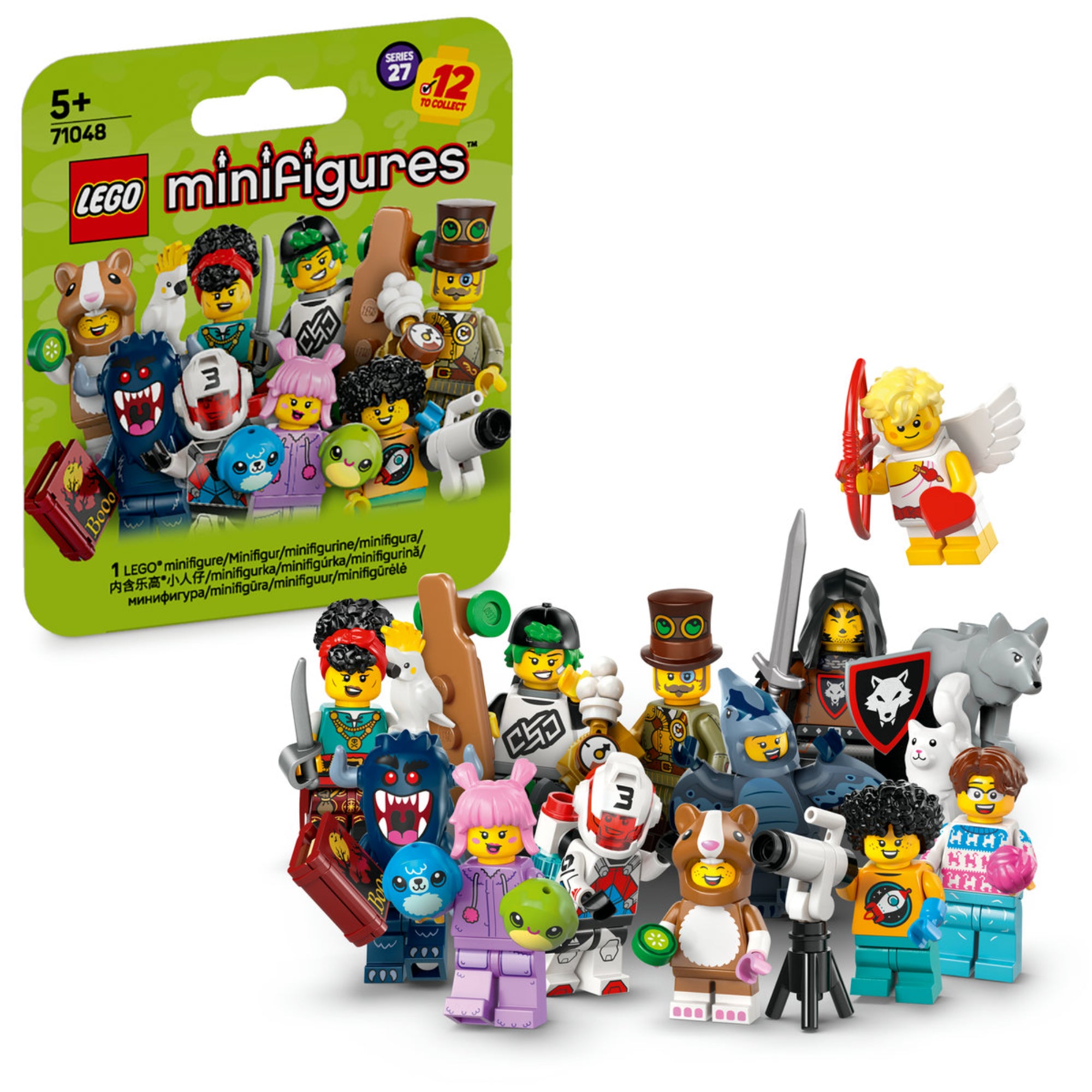 Ez a kép a LEGO Minifigurák 27. széria (71048) teljes gyűjteményét mutatja be. A készlet 12 egyedi minifigurát tartalmaz, köztük egy steampunk feltalálót, farkasok nagymesterét, hörcsögjelmezes figurát, pteroszaurusz jelmezes karaktert, Cupido-t és egy csillagászt. Minden figura részletgazdag kialakítással és egyedi kiegészítőkkel érkezik. Tökéletes választás LEGO-gyűjtők és kreatív történetmesélők számára!
