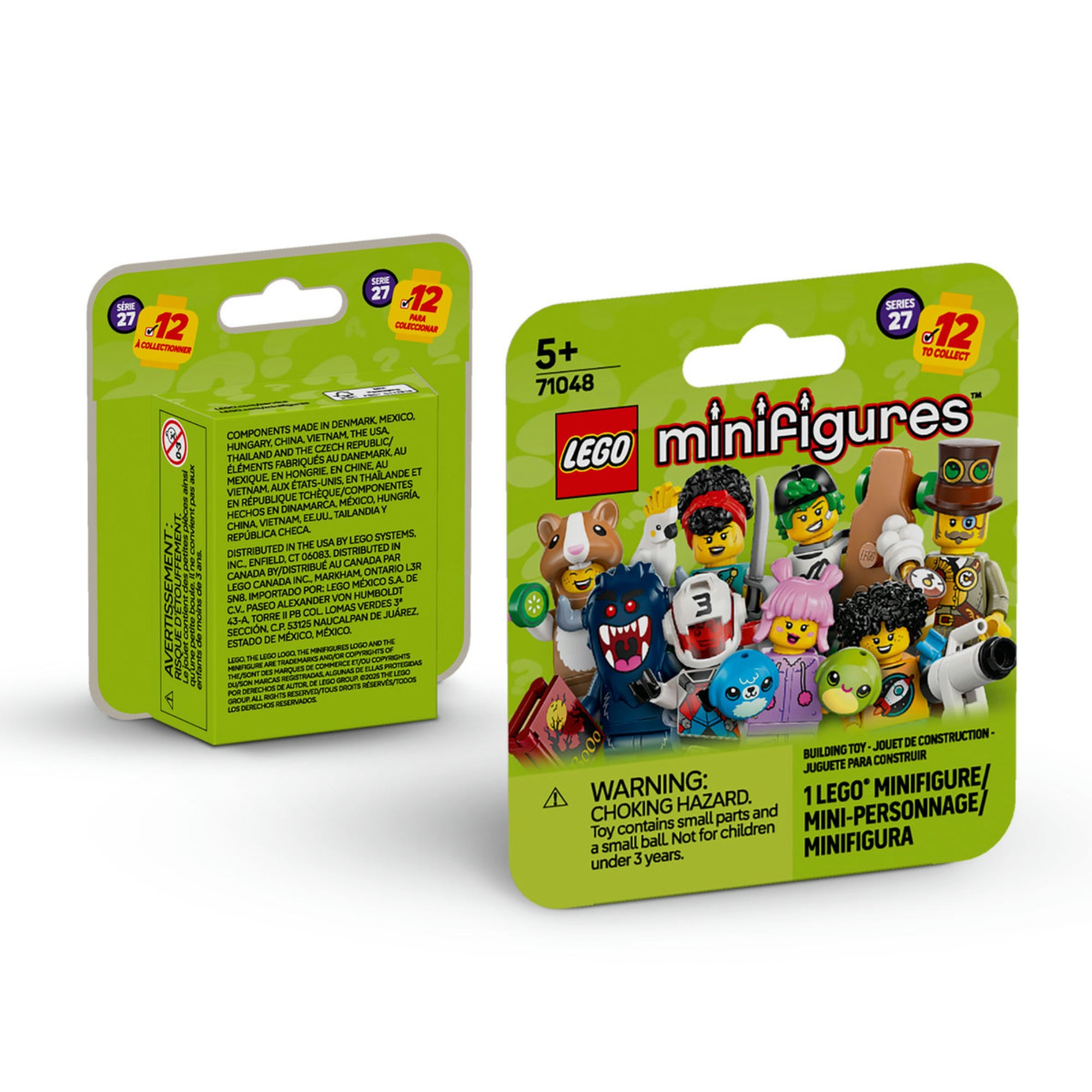 Ez a kép a LEGO Minifigurák 27. széria (71048) csomagolását mutatja be, amelyben 12 gyűjthető minifigura található. A csomagolás elején a karakterek színes és részletgazdag grafikája látható, köztük steampunk feltaláló, hörcsögjelmezes figura, csillagász kisfiú és pteroszaurusz jelmezes figura. Minden doboz egy véletlenszerű figurát rejt, így minden kibontás egy izgalmas meglepetés! Tökéletes választás LEGO-gyűjtők és kreatív játékosok számára.