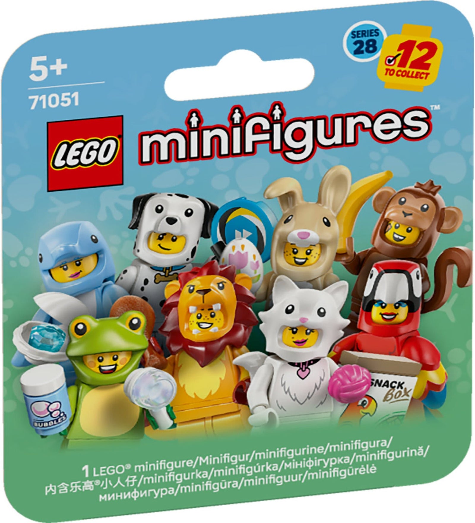 LEGO Minifigures Series 28 (71051) – a meglepetés tasak elölnézete, a 12 gyűjthető minifigura grafikájával.